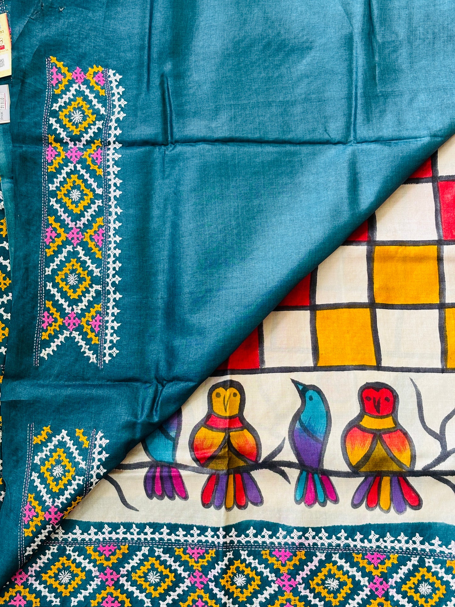 Gujarati Hand Embroidered Pure Tussar Silk Saree With Contemporary Hand Paint