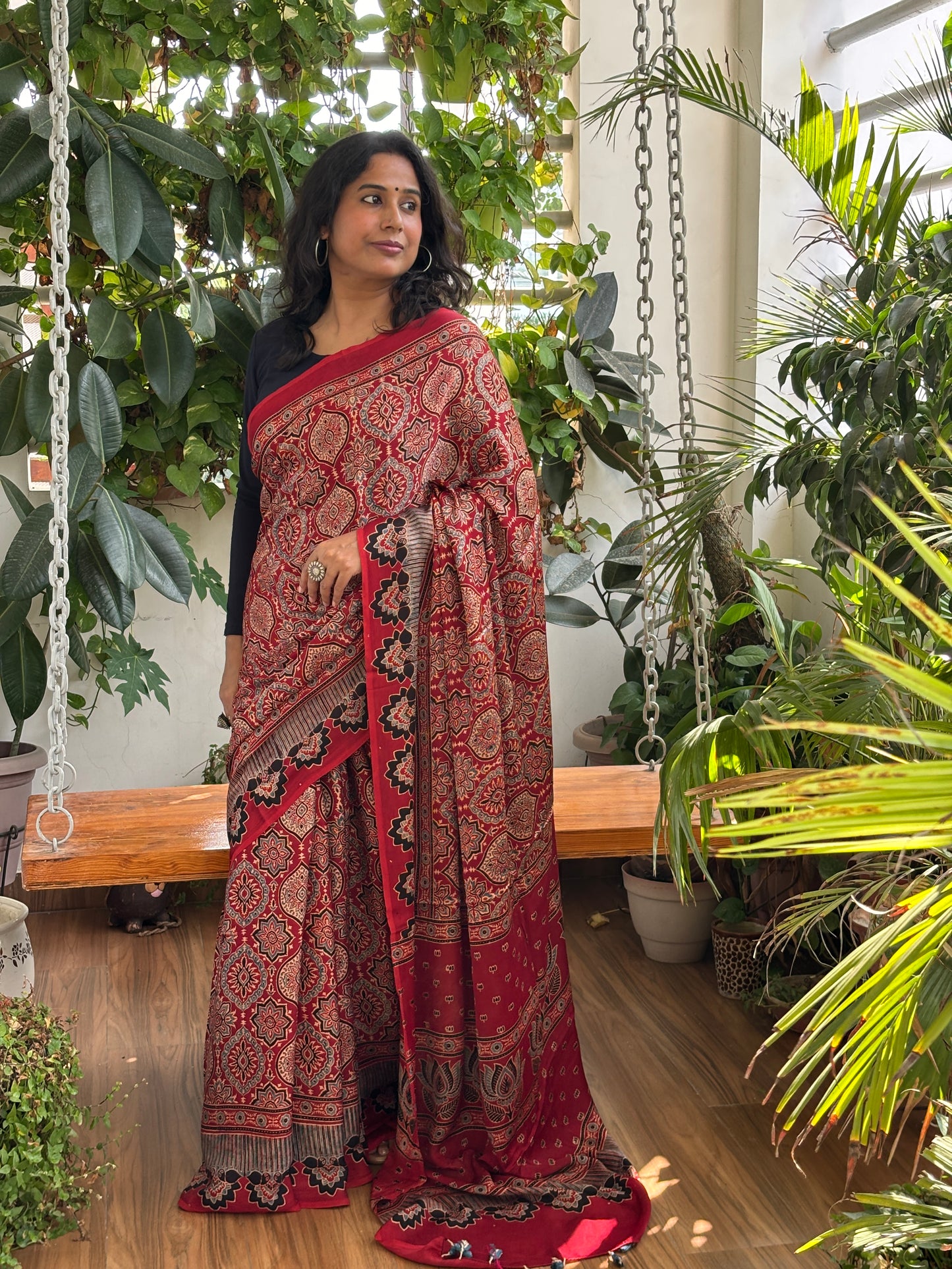 Evergreen Charming Red - Natural Dyed Madder Colour Traditional Motif with Contemporary Anchal Modal Saree