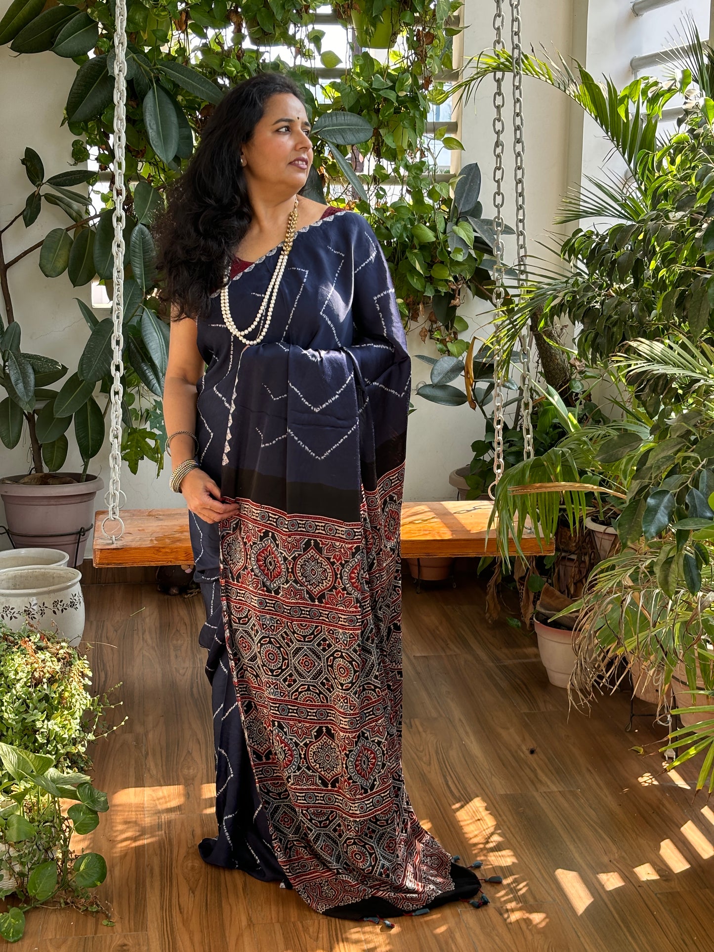 Navy Blue Love - Needle Shibori Tie and Dye Pure Modal Saree With Ajrakh Hand Block Anchal and Blouse