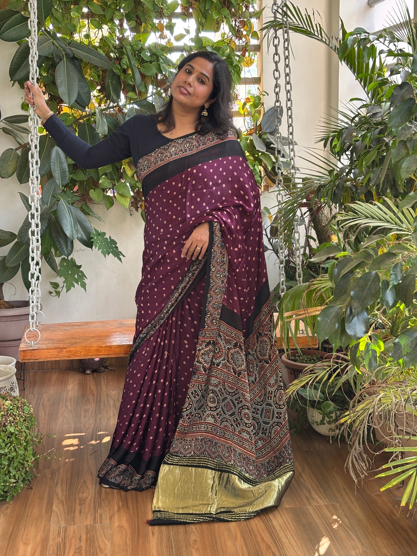 Ankahi - Hand Bandhej Body and Ajrakh Hand Block Anchal and Border Modal Gaji Silk Saree