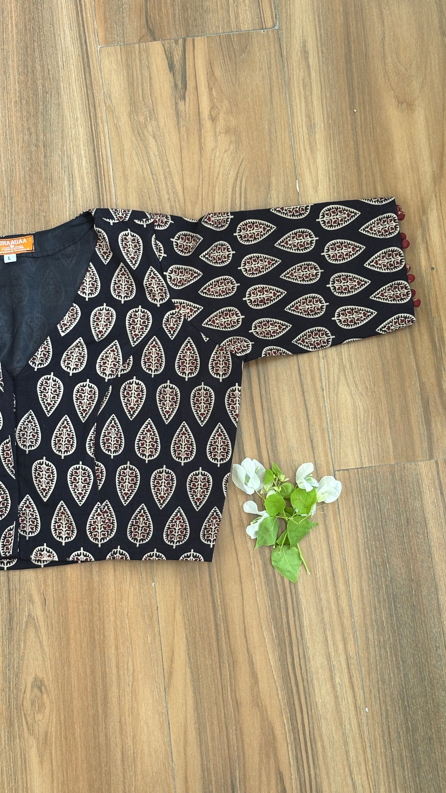 Black Leaf Motif Cotton 'V' Neck Blouse. With Cotton Lining. For size chart refer to last picture