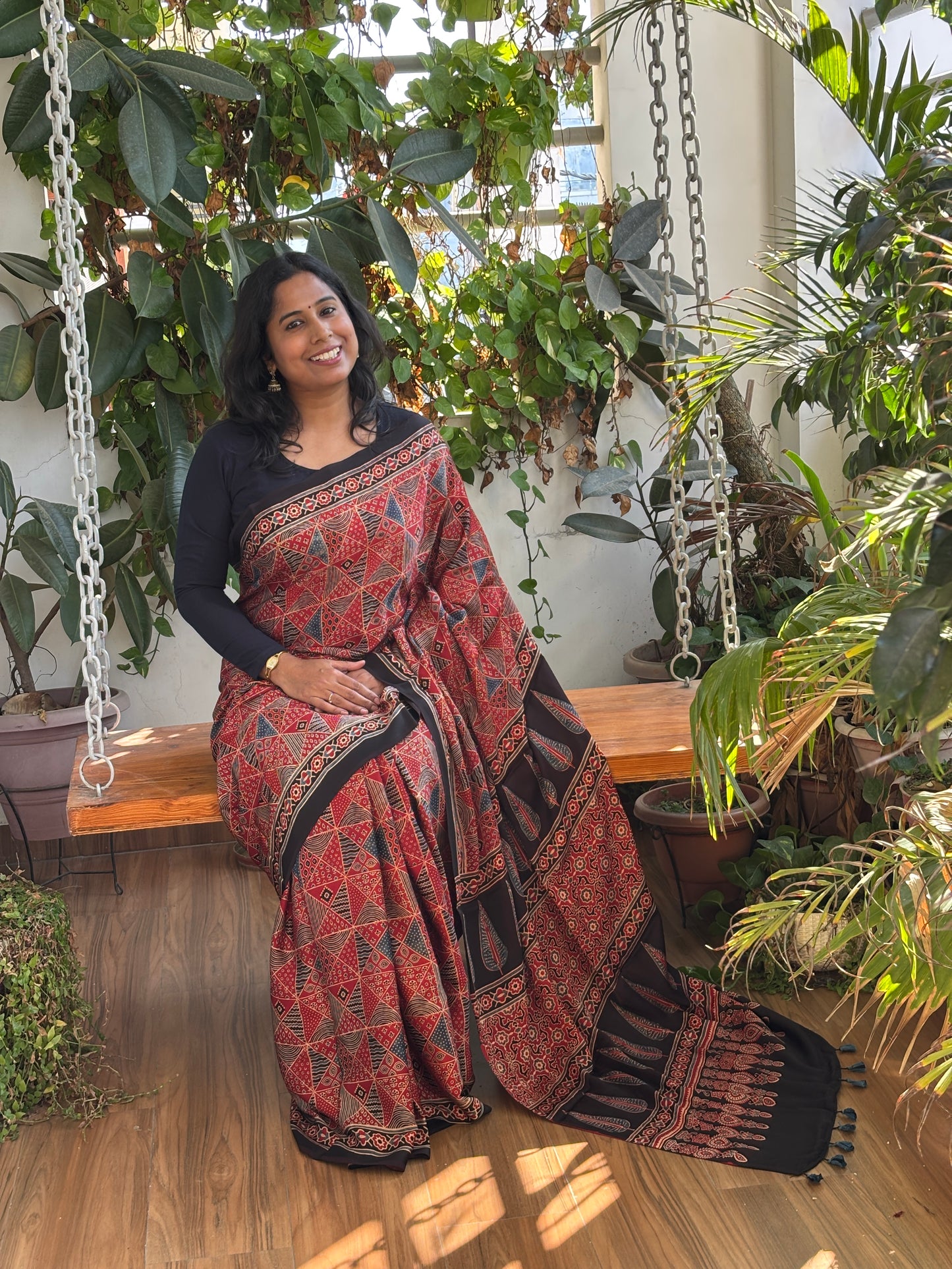 Scarlet Natural Dyed Contemporary Box Ajrakh Motif Premium Ajrakh Saree