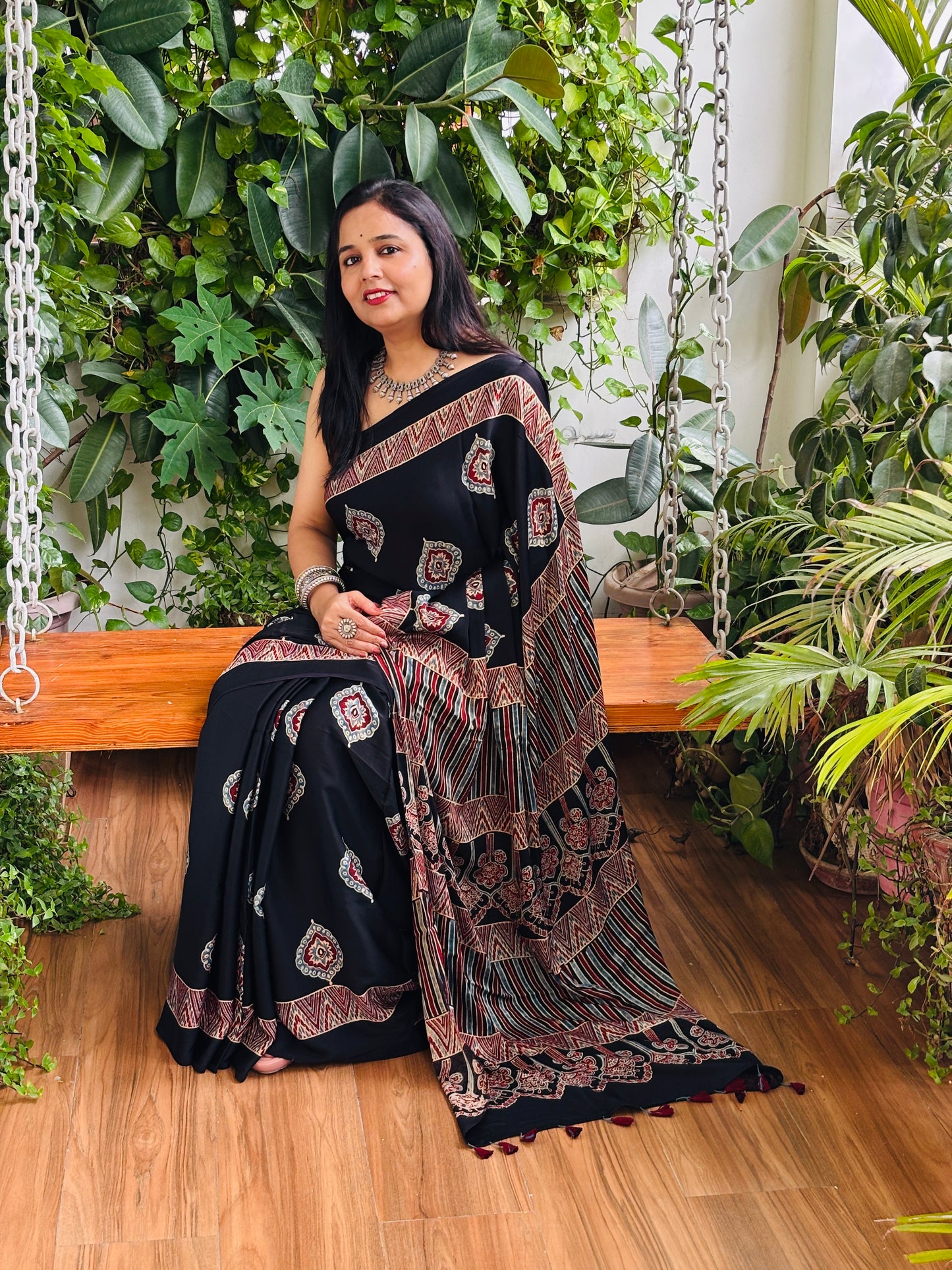 Adda - Natural Dyed Black Colour Ajrakh Pure Modal Saree