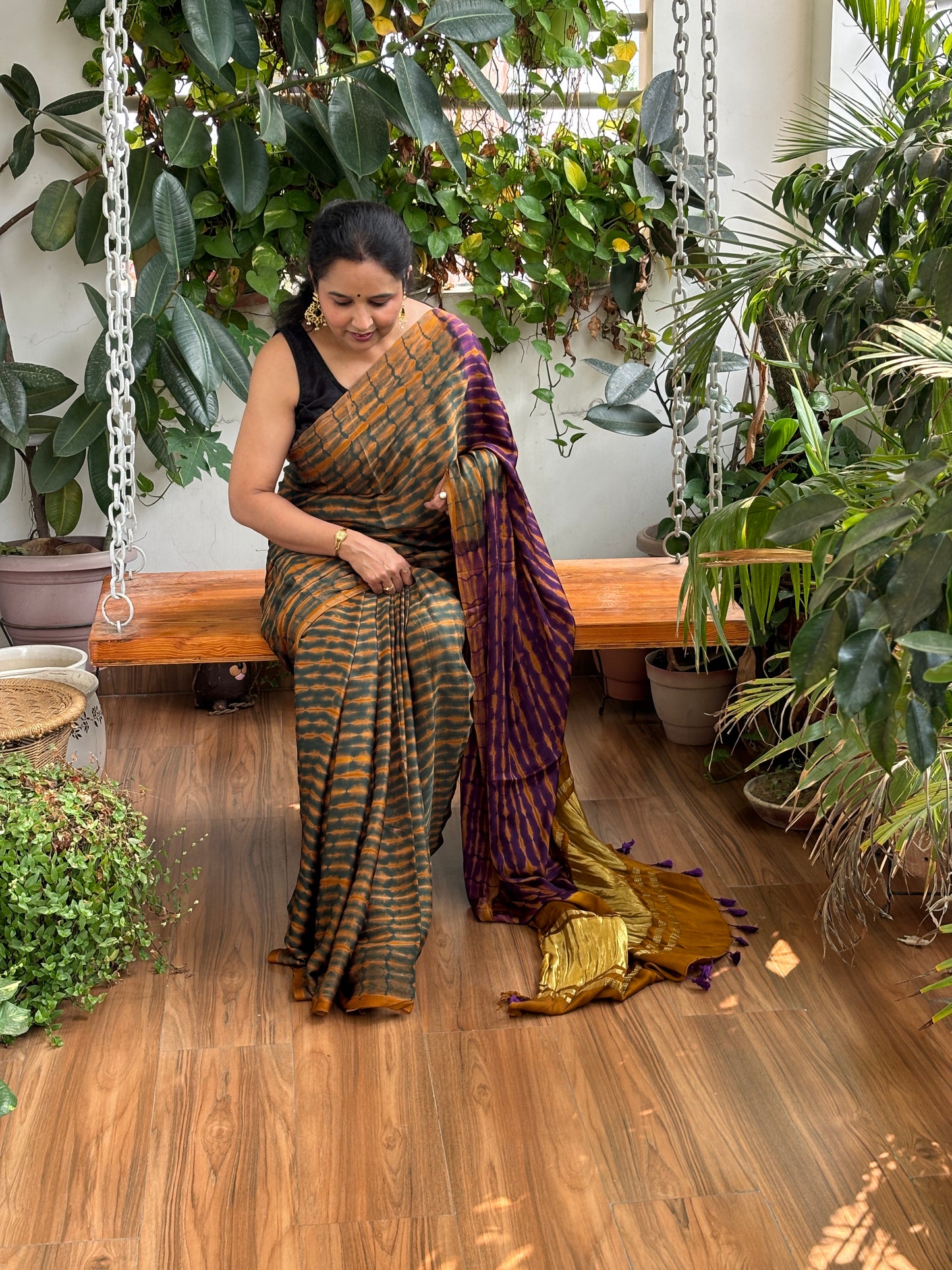 Alpine Green - Hand Shibori Tie and Dye Pure Modal Saree With Lakdi Patta Anchal