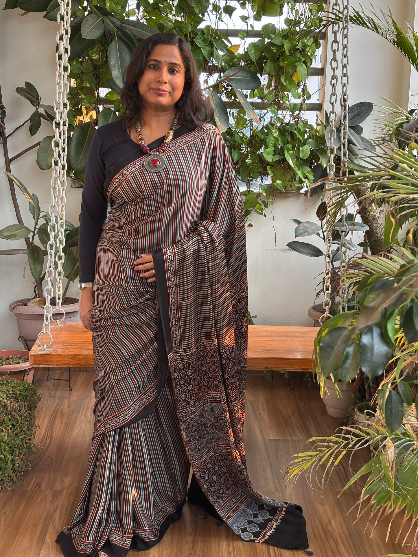 Life is Sorted - Natural Dyed Ajrakh Multi Colour Contemporary Stripe Motif Modal Saree
