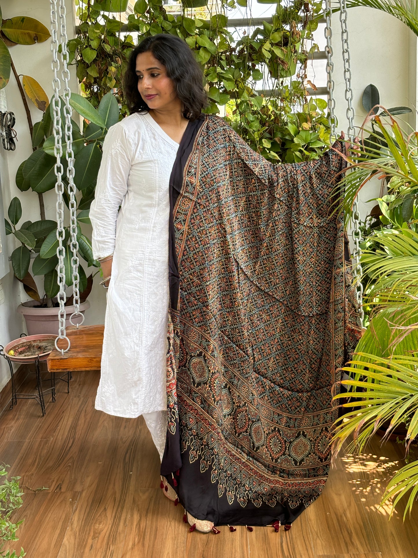 Ajrakh Natural Dyed Hand Block-printed Small Geometrical Motif Dupatta