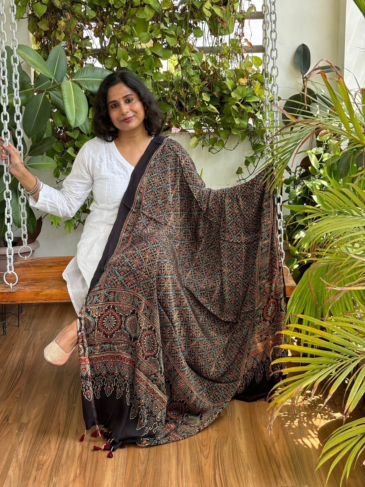 Ajrakh Natural Dyed Hand Block-printed Small Geometrical Motif Dupatta