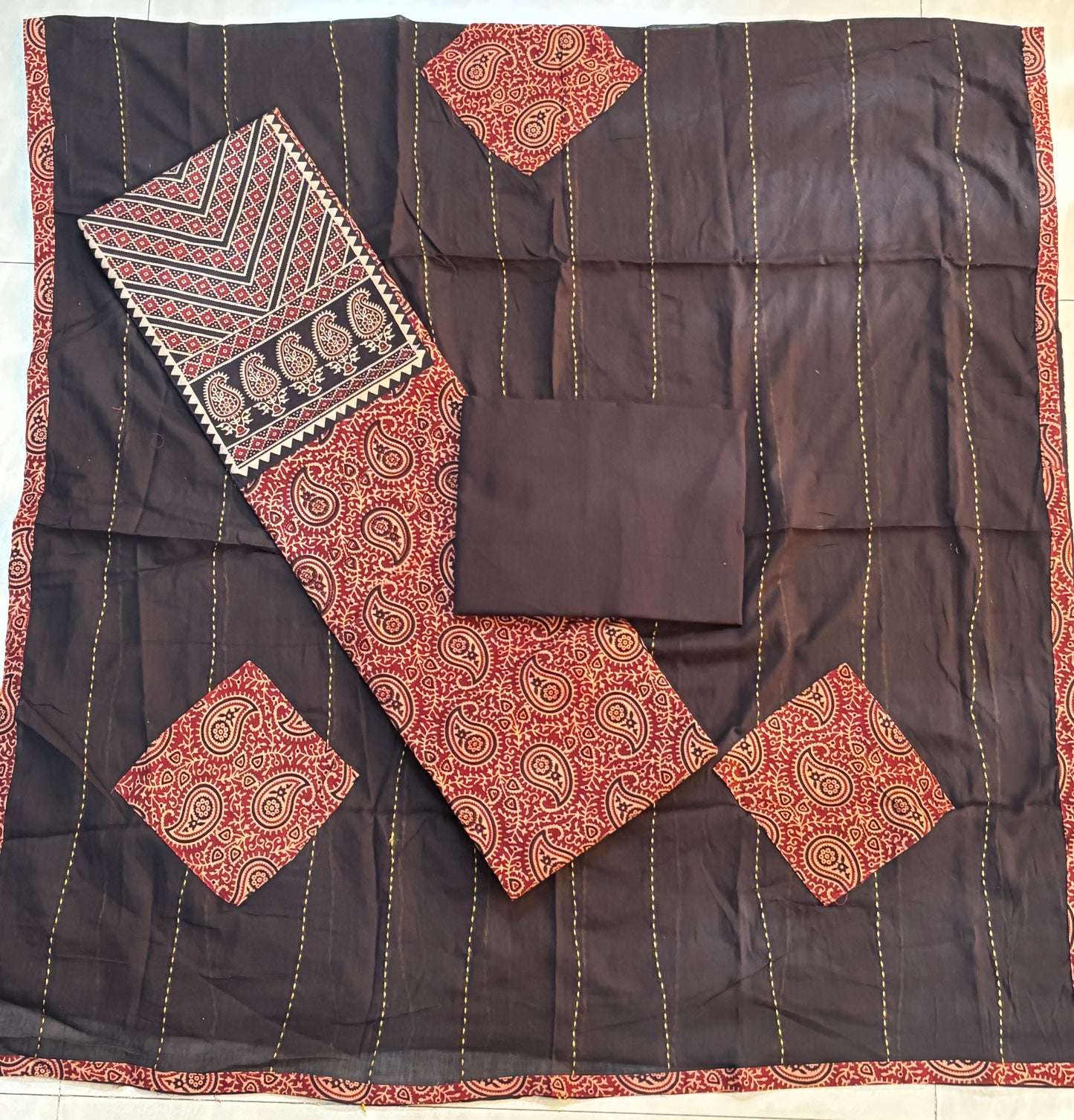 Red and Black Paisley Motif Cotton Unstitched Patch Work Yoke Fabric with Kantha and Applique Dupatta-4