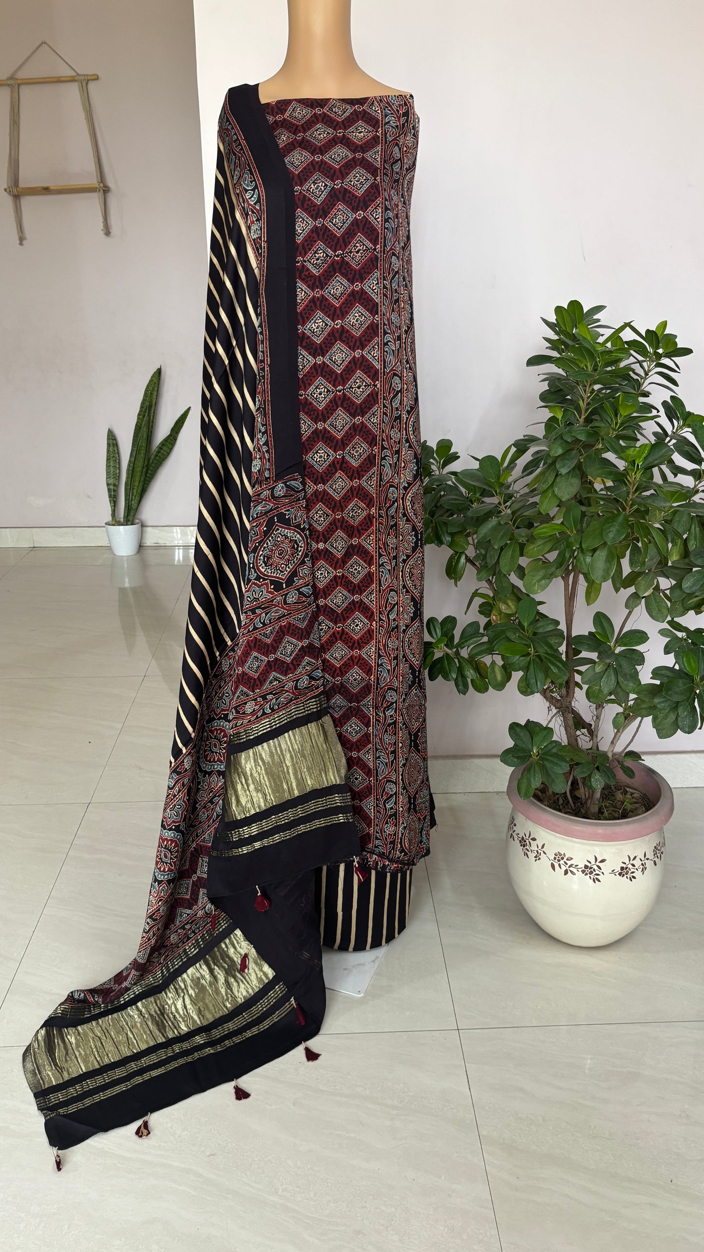 Natural Dyed Ajrakh Black Colour Badambuta with Front Panel Motif Block Printed Shirt with Vertical Stripe Bottom and Dupatta