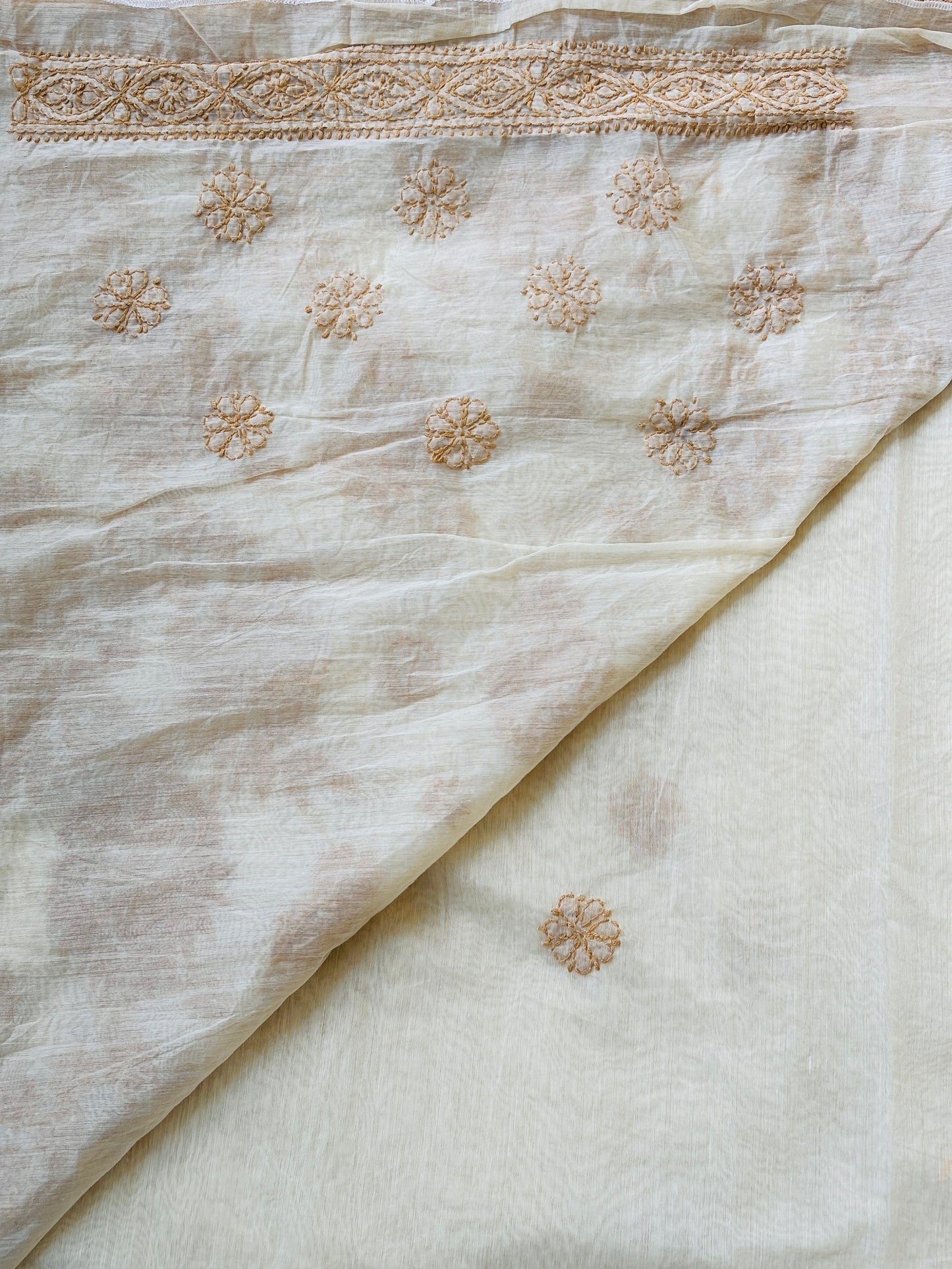 Light Beige Colour Chrushed Candri Cotton Chikankari Hand Embroidered Saree