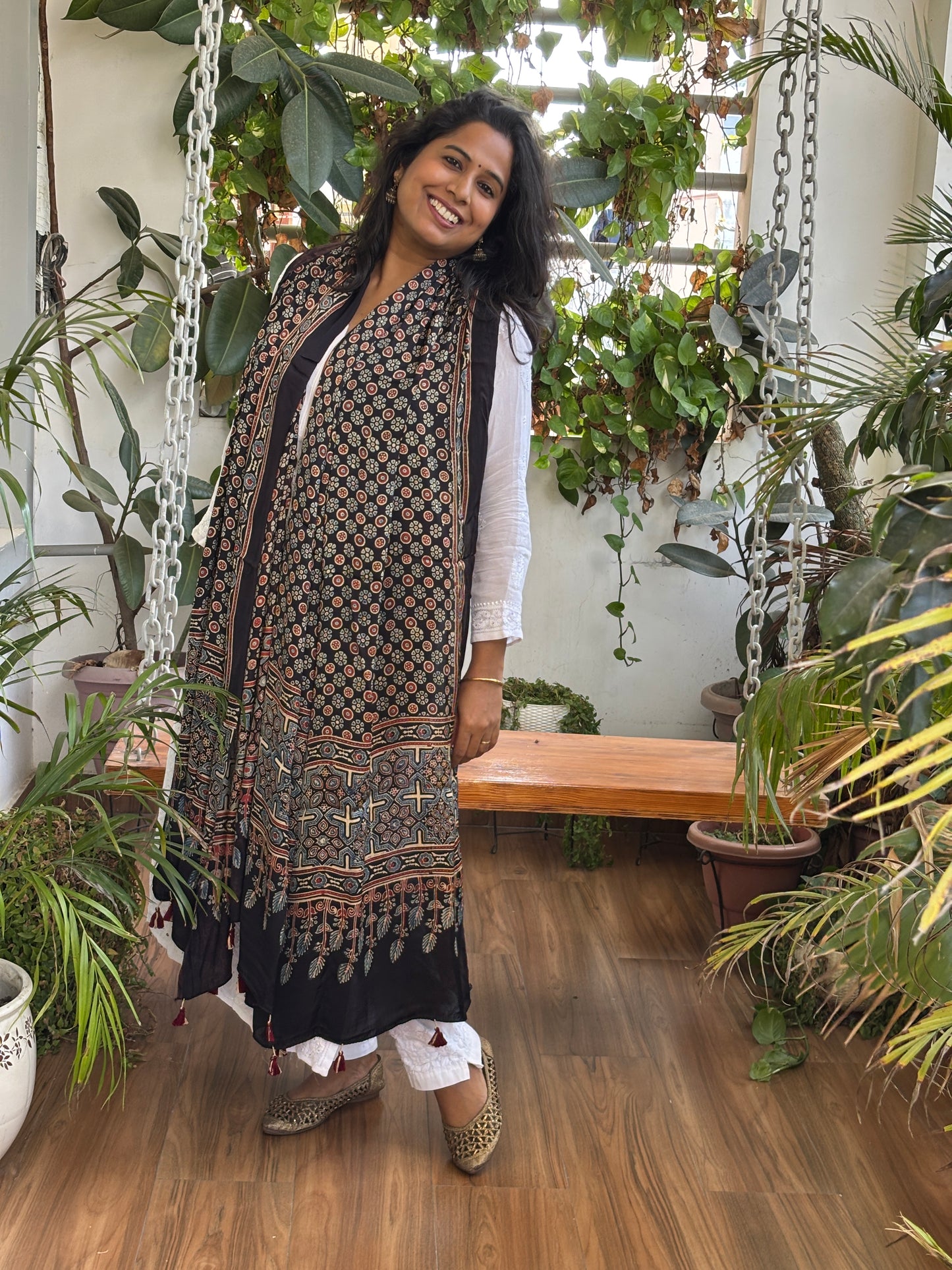 Ajrakh Black Natural Dyed Modal Dupatta Small Circular Floral Motif