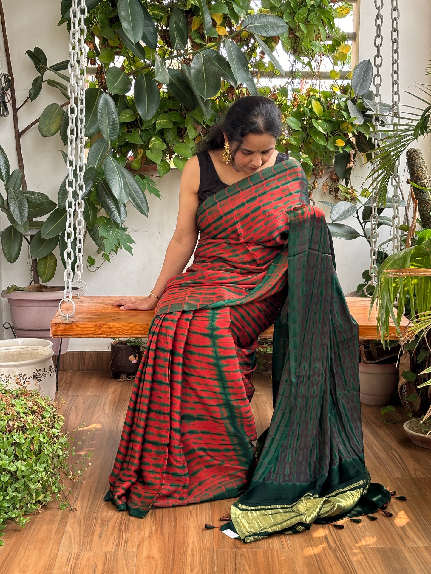 Bamboo Grass - Hand Shibori Tie and Dye Pure Modal Saree With Lakdi Patta Anchal