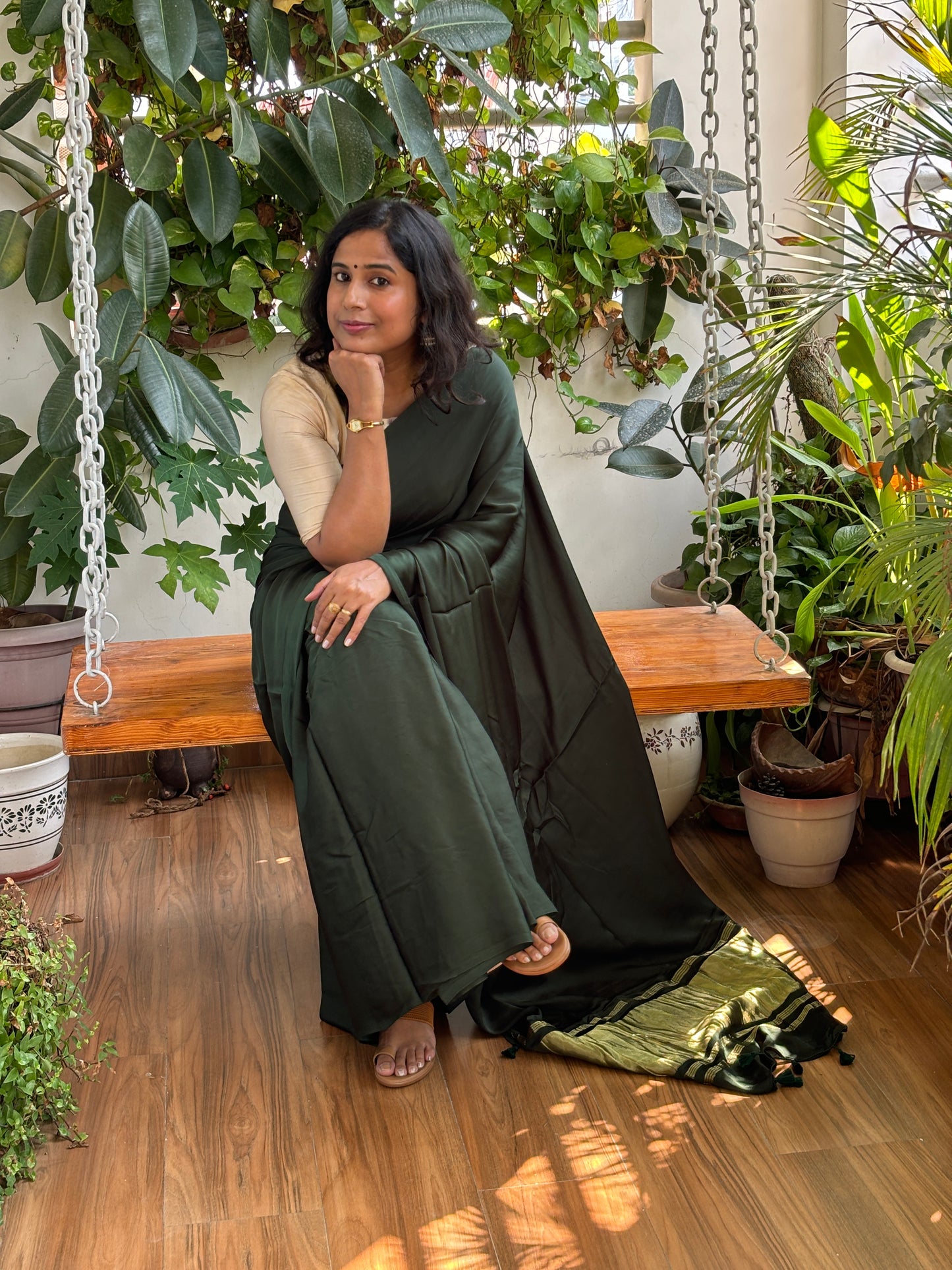 Green Colour Modal Plain Saree With Lagdi Palla