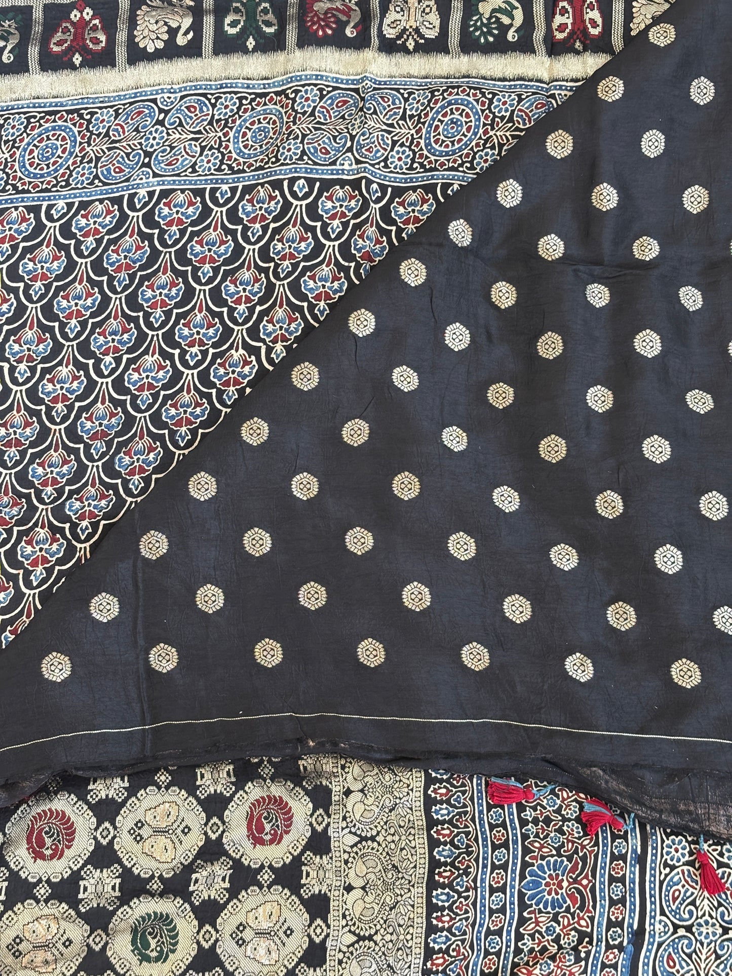 Chandni Raate - Beautiful Natural Dyed Ajrakh Dola Silk Saree with Banarasi Border and Anchal