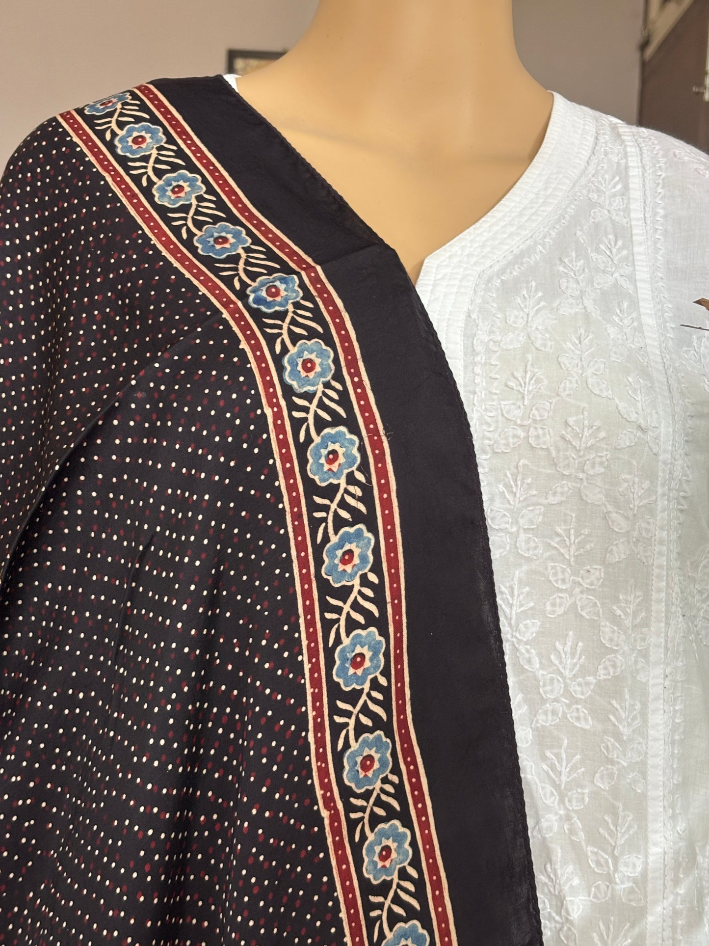 Black Colour Natural Dyed Ajrakh Hand Block Printed Contemporary Polka Dot Modal Stole