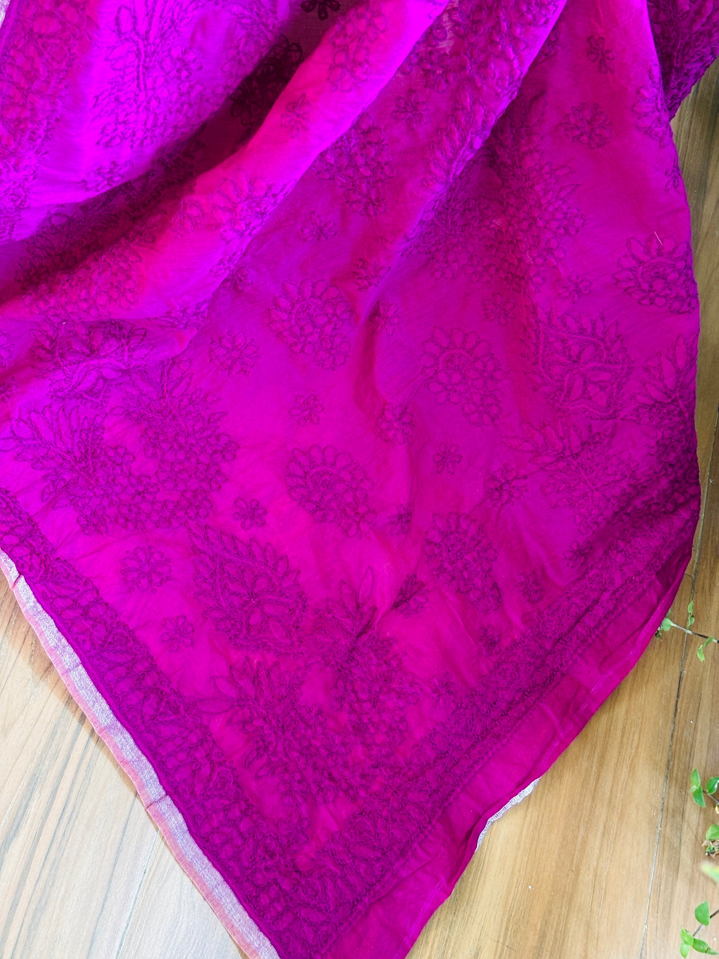 Magenta Colour Chrushed Candri Cotton Chikankari Hand Embroidered Saree