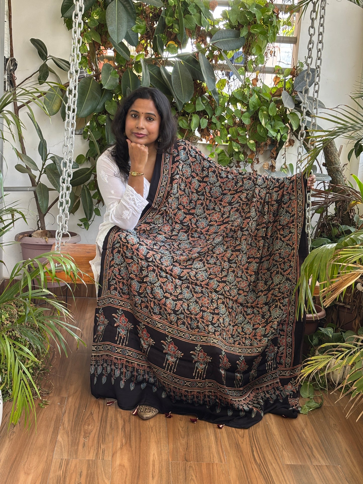 Ajrakh Hand Block Printed Black Colour Floral Jaal Motif Modal Dupatta