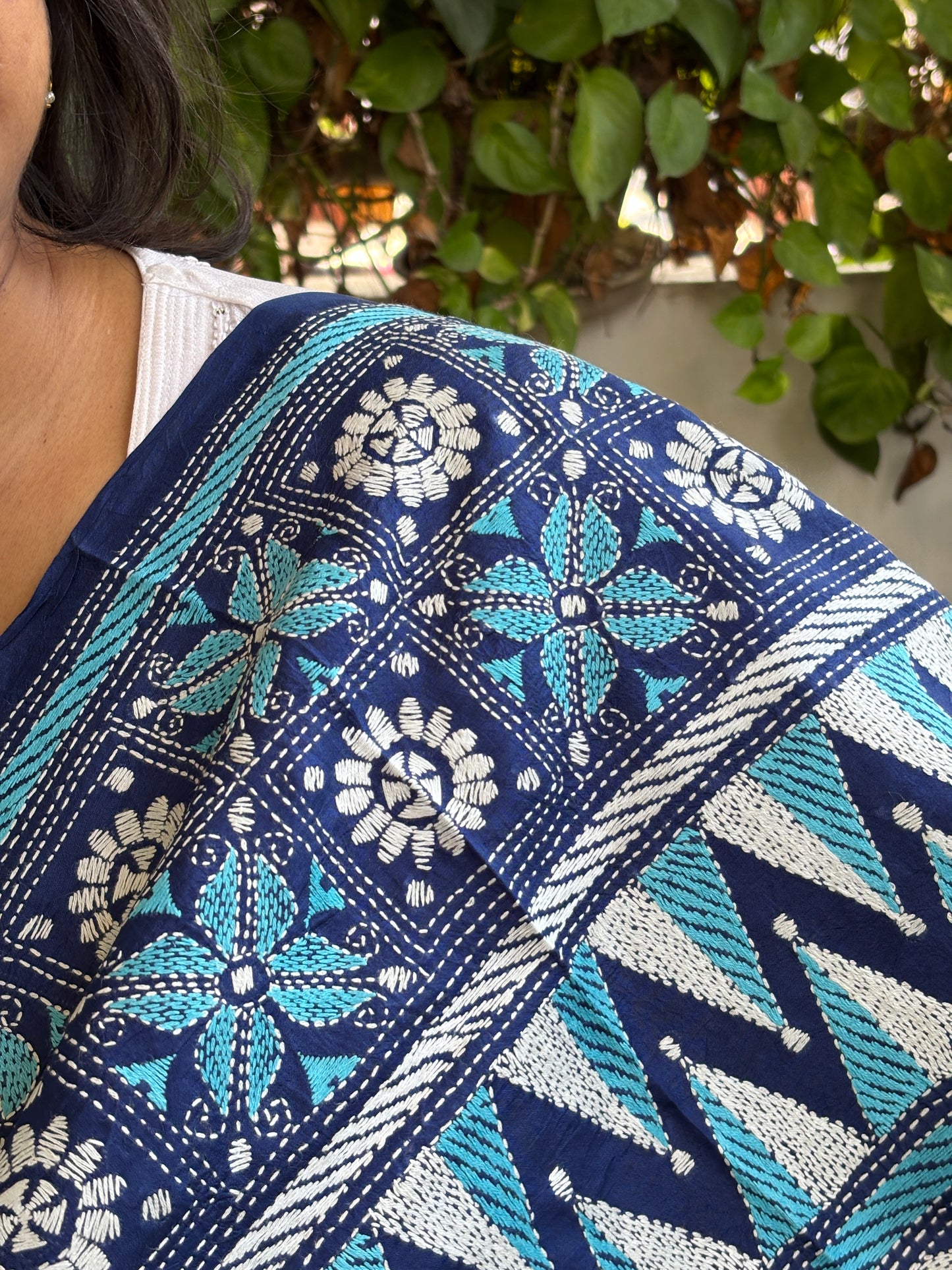 Blue Kantha Hand Embroidered Pure silk Statement Dupatta