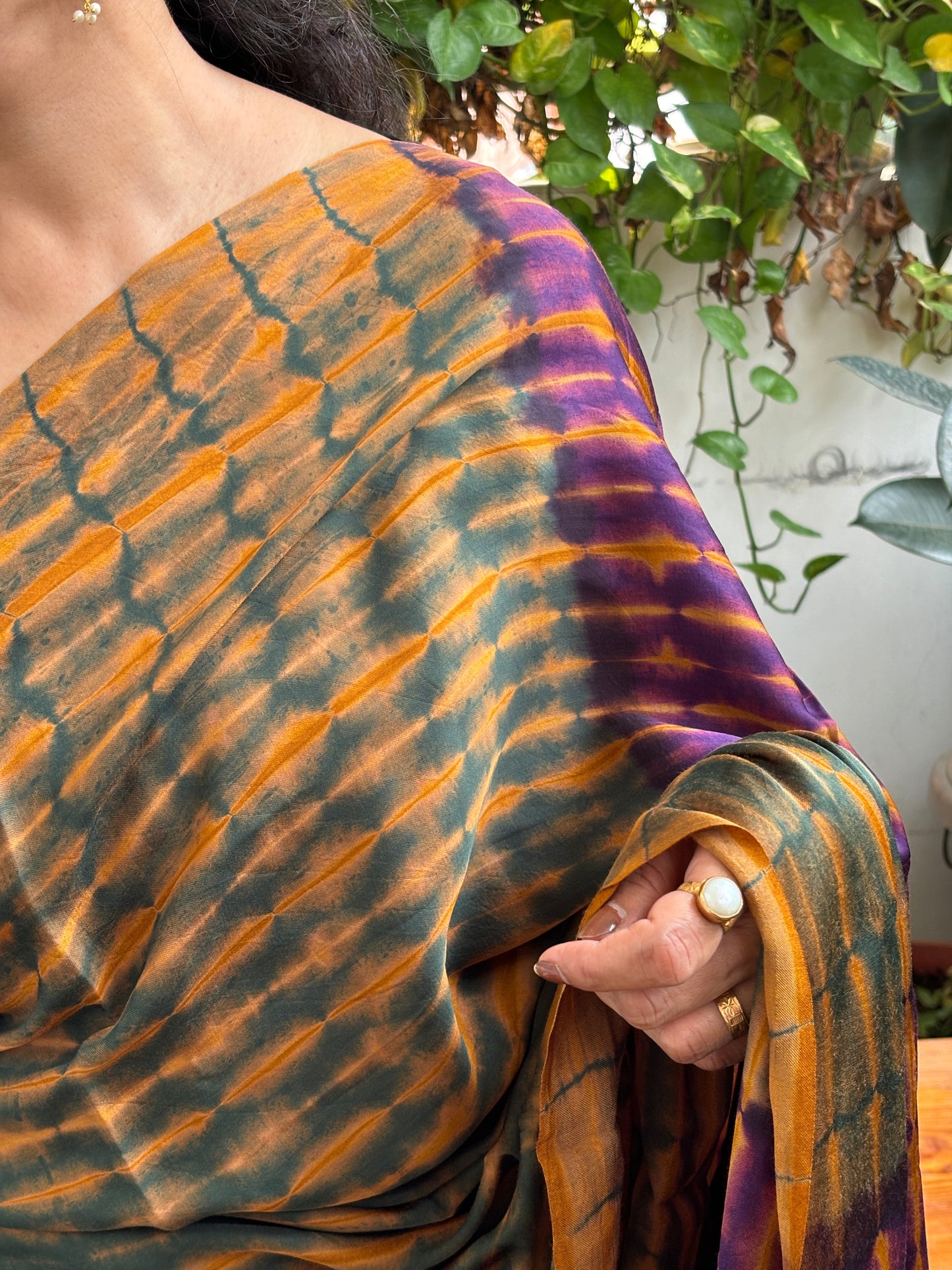 Alpine Green - Hand Shibori Tie and Dye Pure Modal Saree With Lakdi Patta Anchal