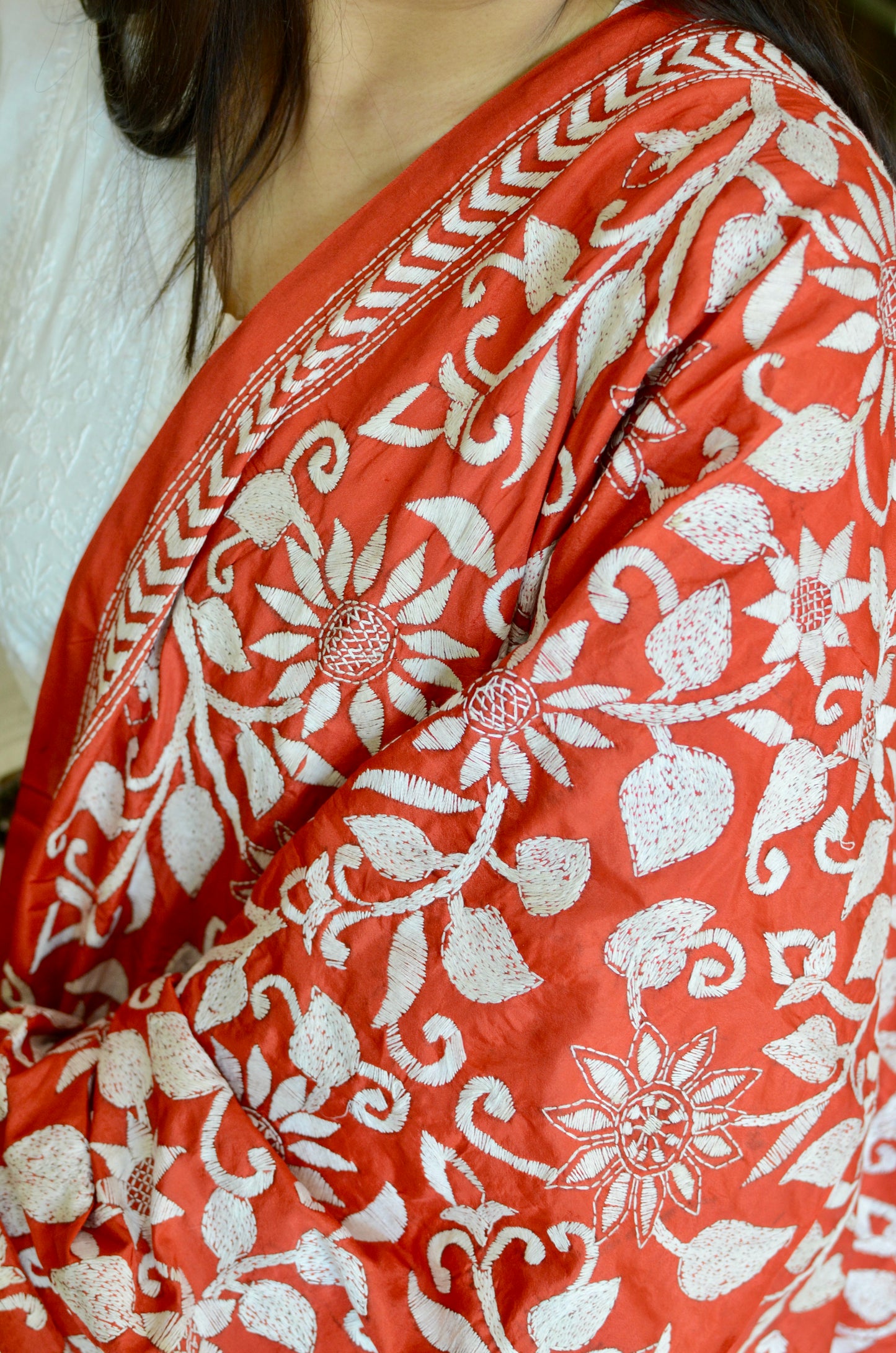 Red Kantha Hand Embroidered Silk Statement Dupatta with Floral Jaal