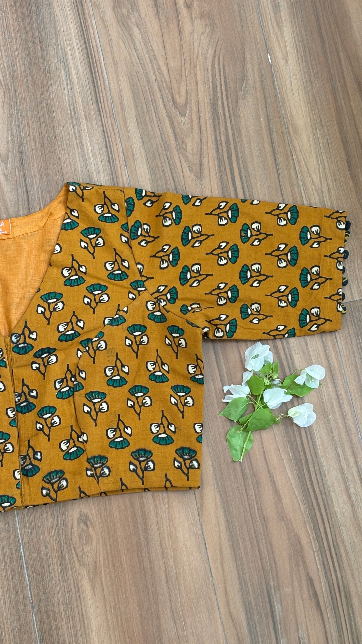 Yellow Small Floral Motif Cotton 'V' Neck Blouse With Cotton Lining. For size please refer to last picture