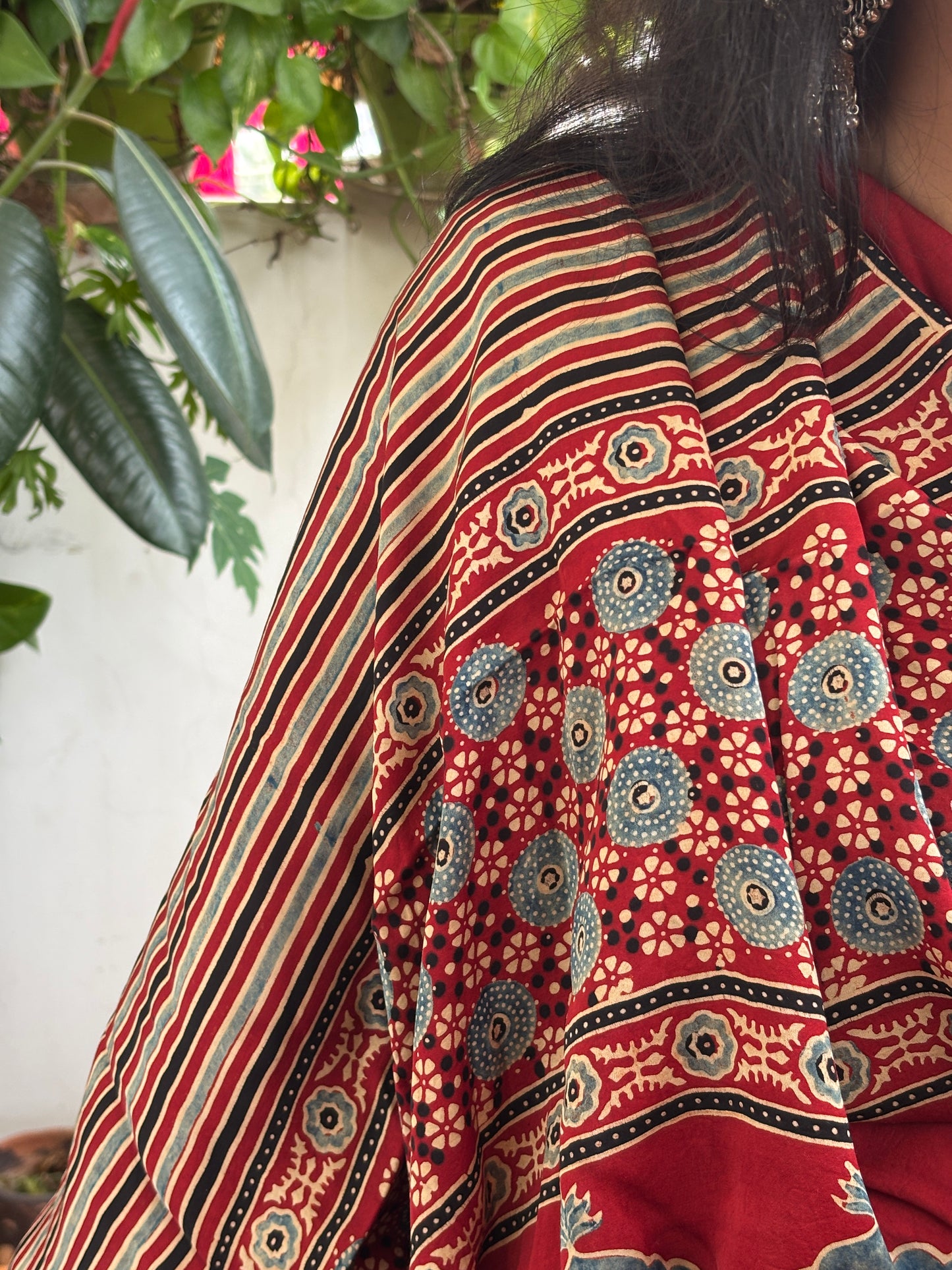 Aahana- Natural Dyed Madder Contemporary Ajrakh Modal Saree with Traditional Anchal