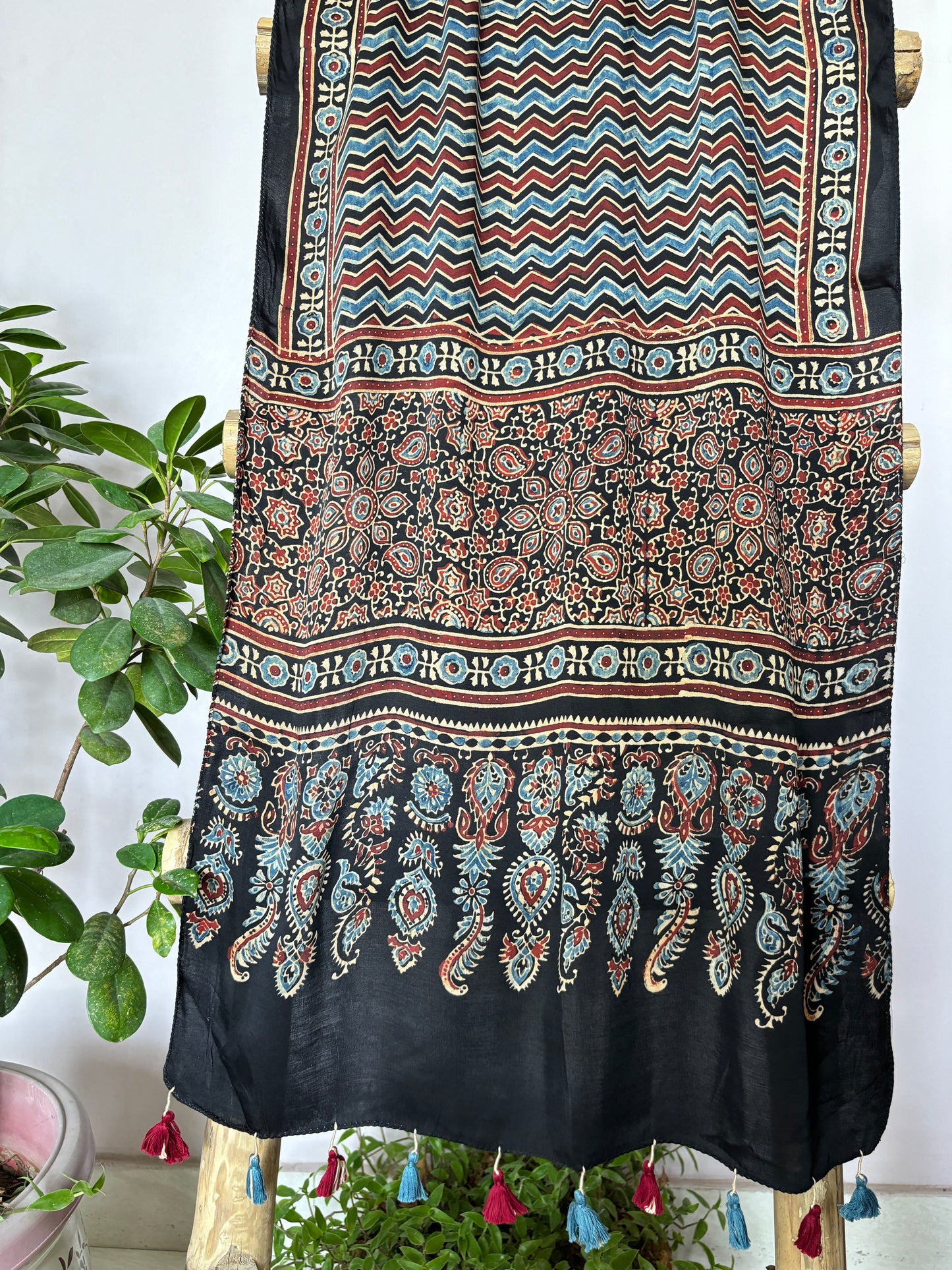 zig zag contemporary stole,ajrakh modal stole, closer view.