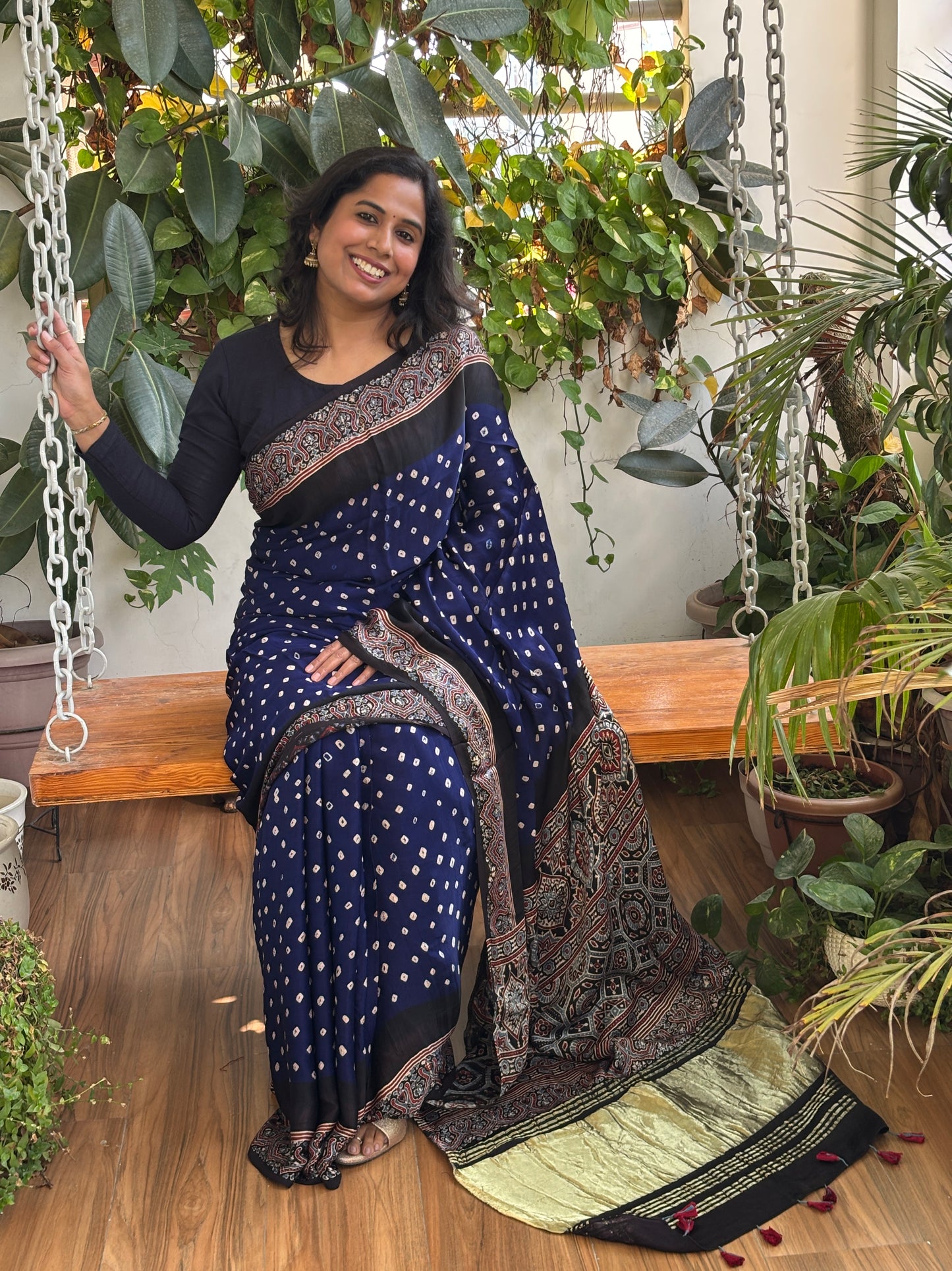 Neela Asman - Hand Bandhej Body and Ajrakh Hand Block Anchal and Border Modal Gaji Silk Saree