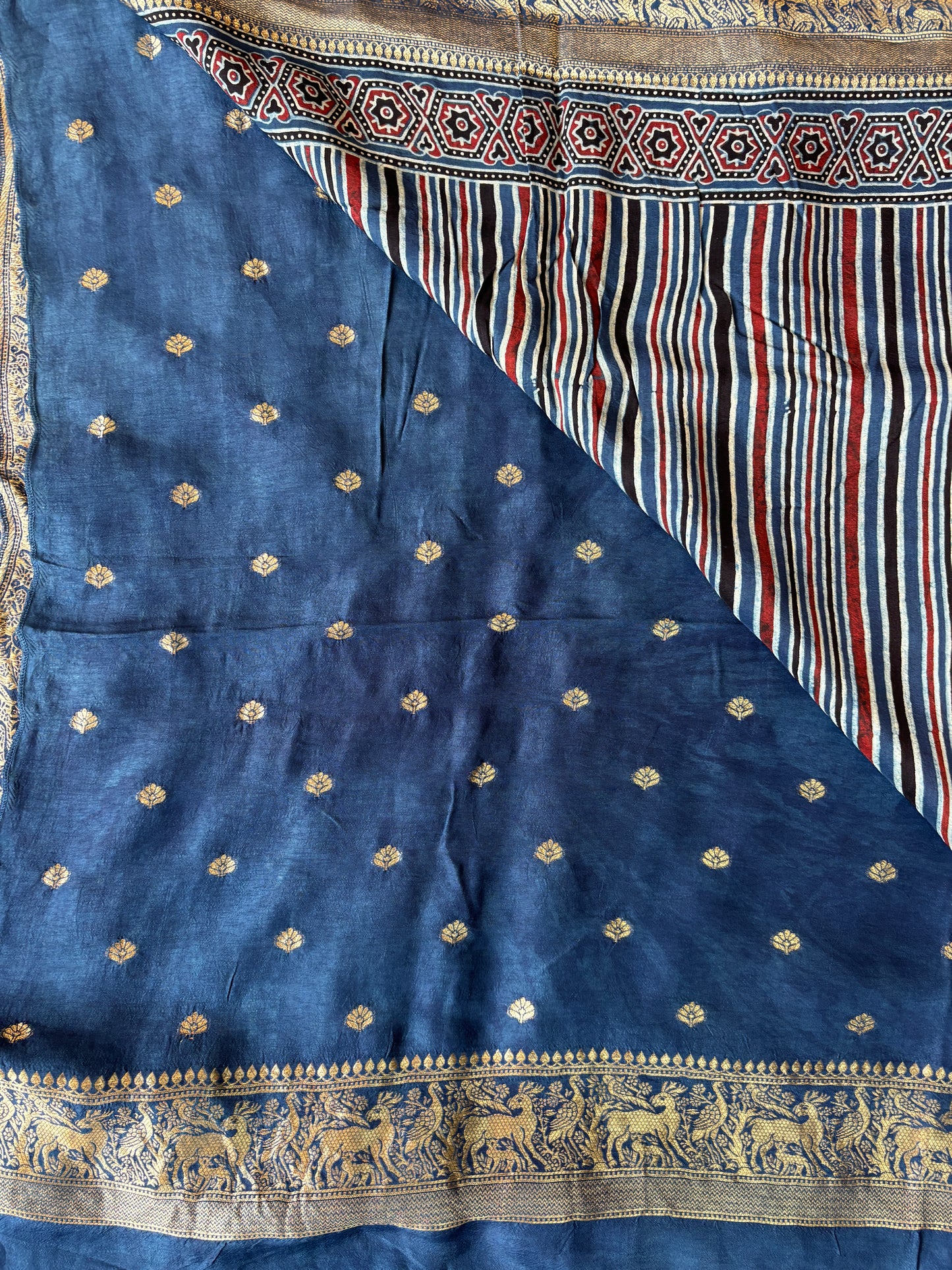 Indigo Contemporary Ajrakh Saree In Dola