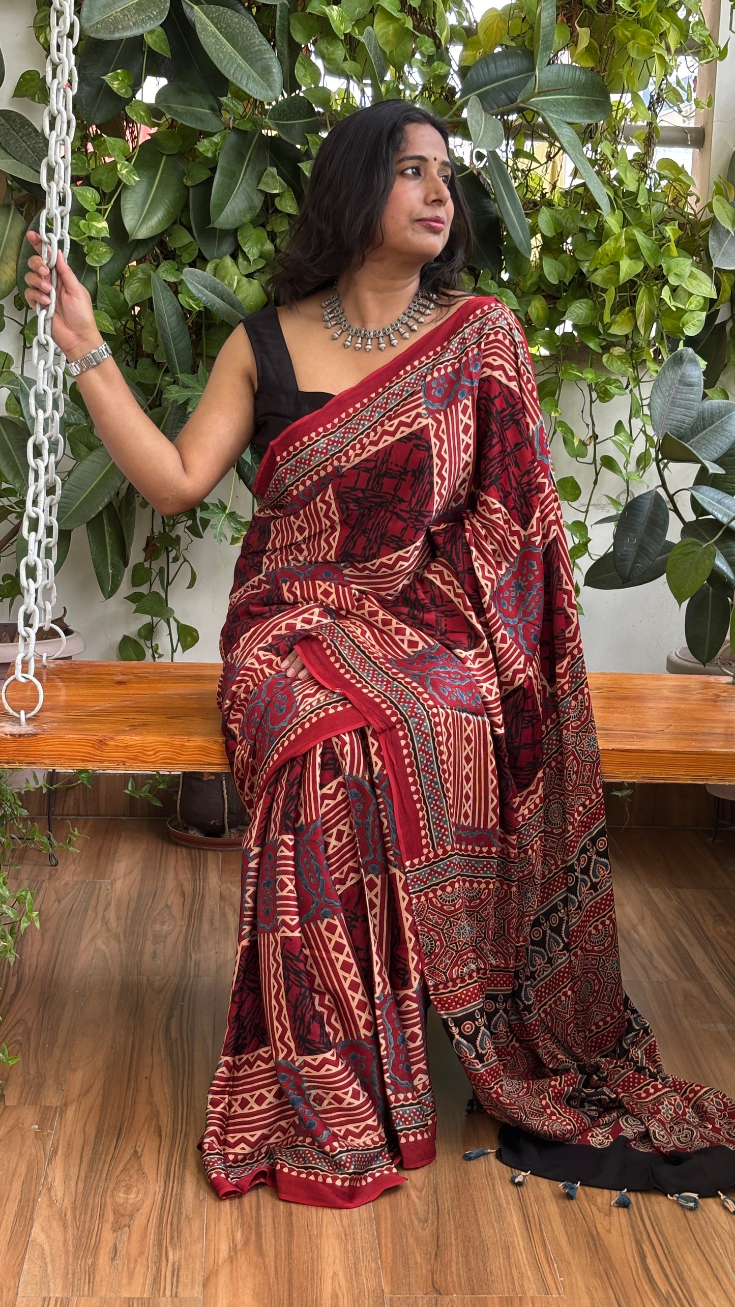 Charulata - Natural Dyed Madder Colour Contemporary Box Motif Natural Dyed Ajrakh Pure Modal Saree