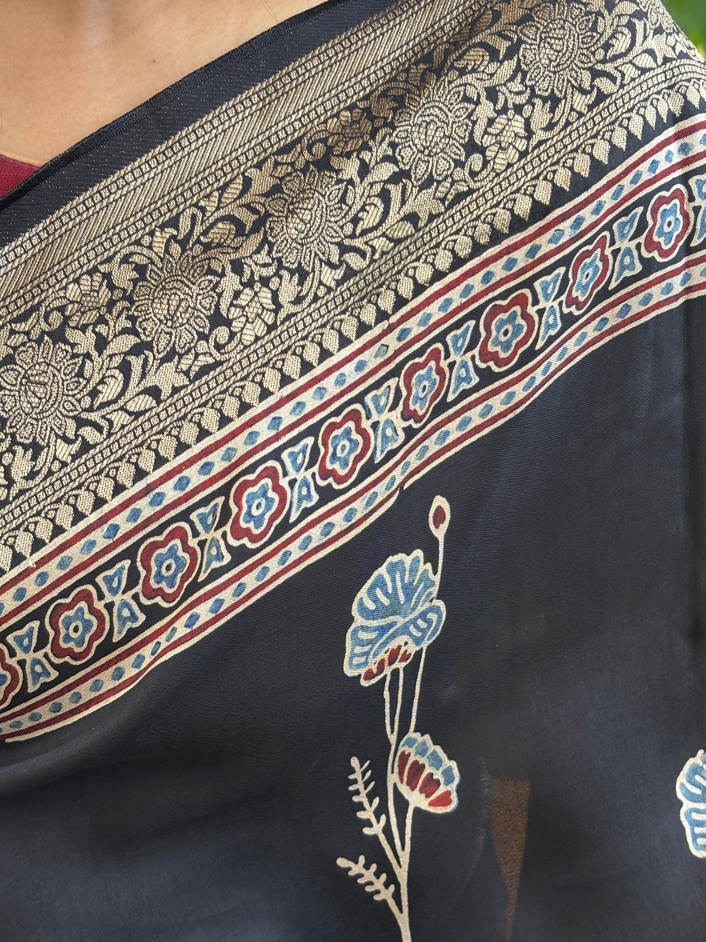 Guldasta - Black Colour Natural Dyed Floral Stalk Motif Ajrakh Hand Block Printed Dola Silk Saree