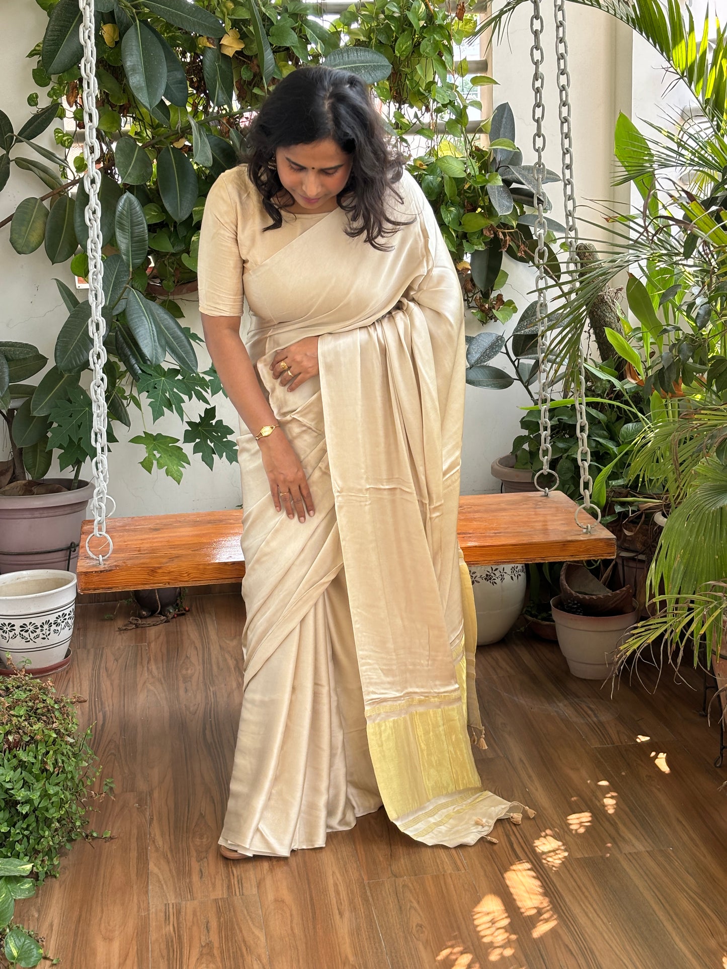 Cashew Nut Colour Modal Plain Saree With Lagdi Palla (will be available in 4 days)