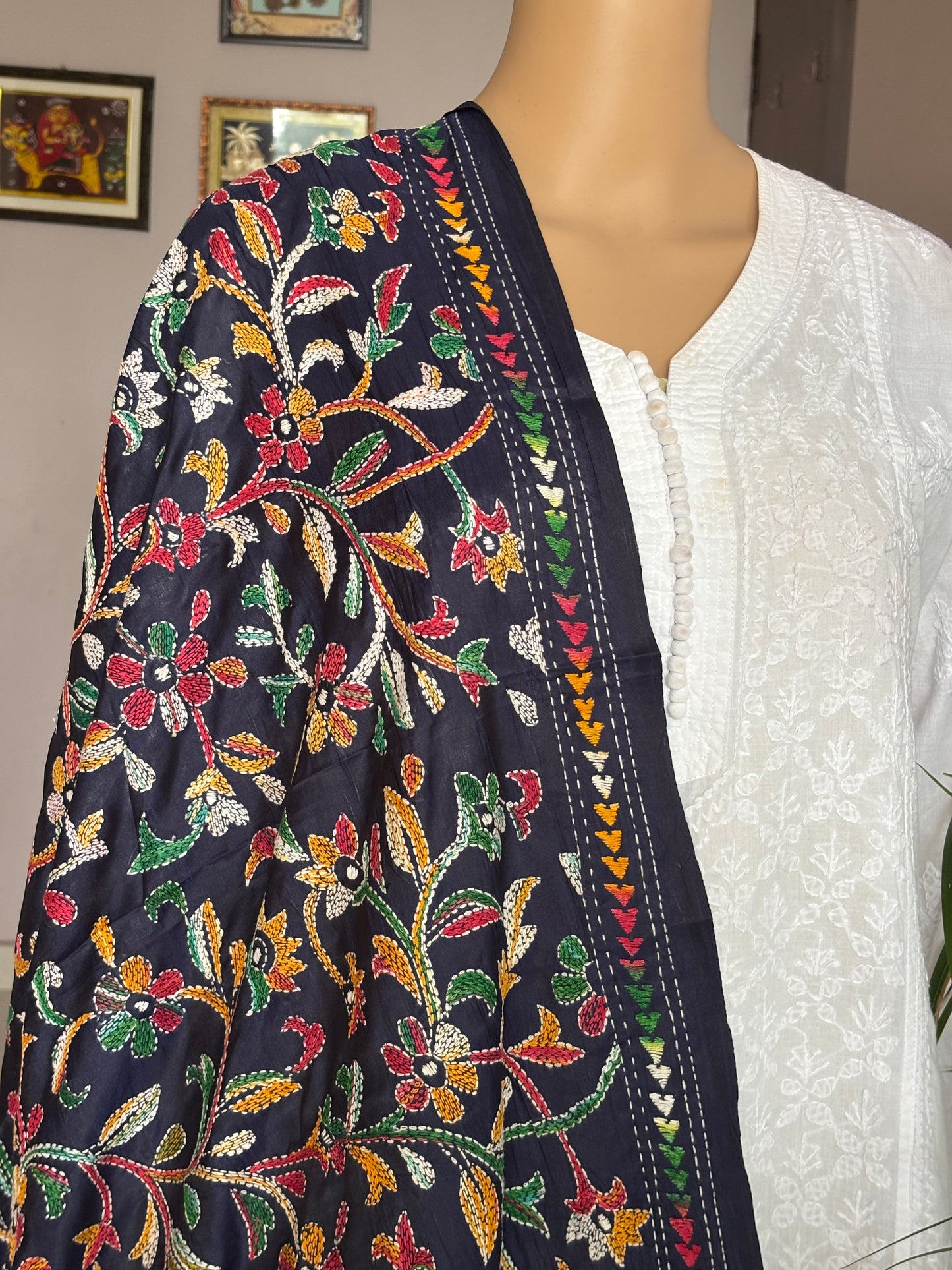 Kantha Hand Embroidered Blended Bangalore Silk Navy Blue Multicolour Floral Dupatta