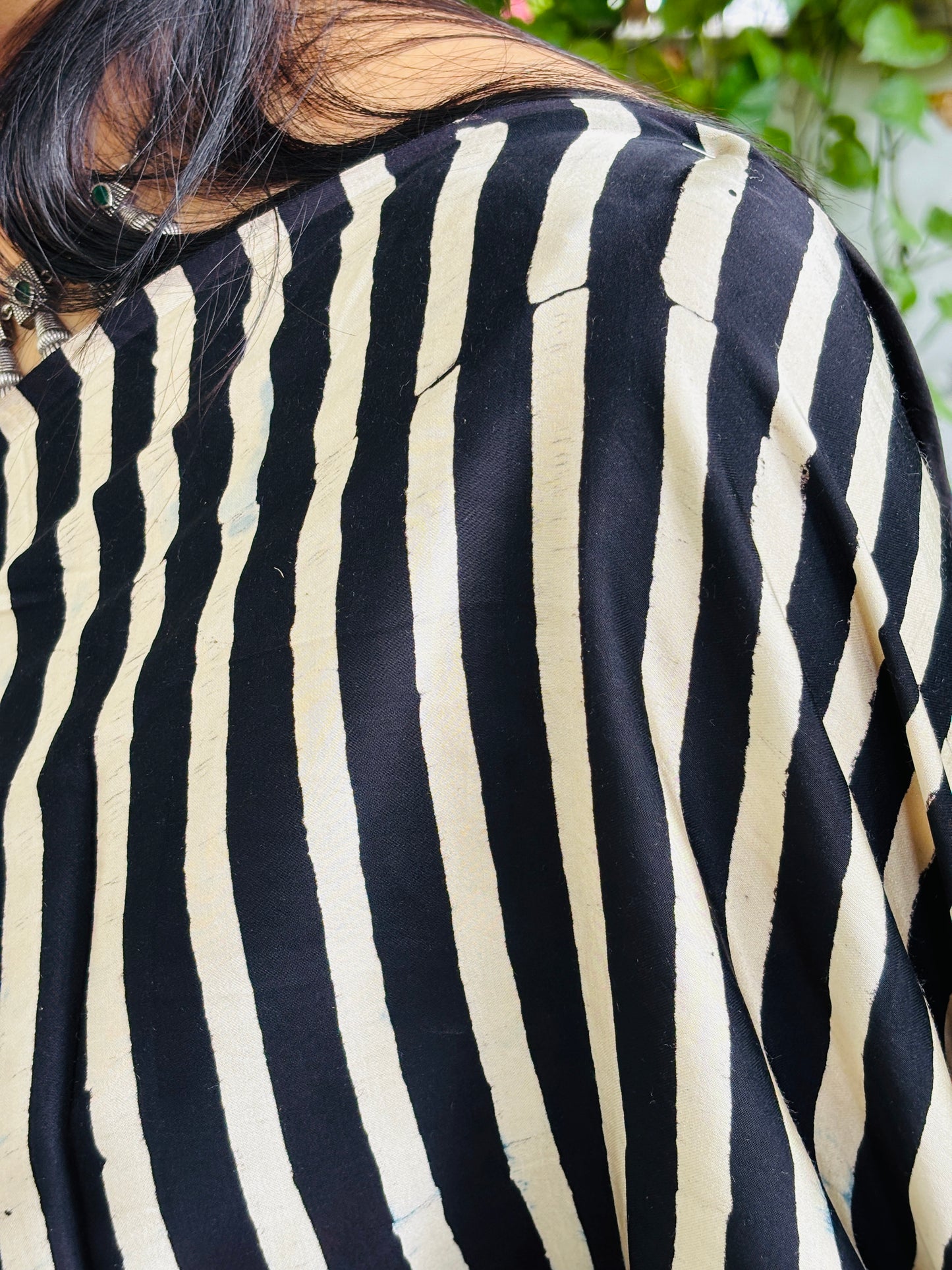 Chakori - Natural Dyed Black and Pale Ivory Stripe Ajrakh Pure Modal Saree With Traditional Motif Palla
