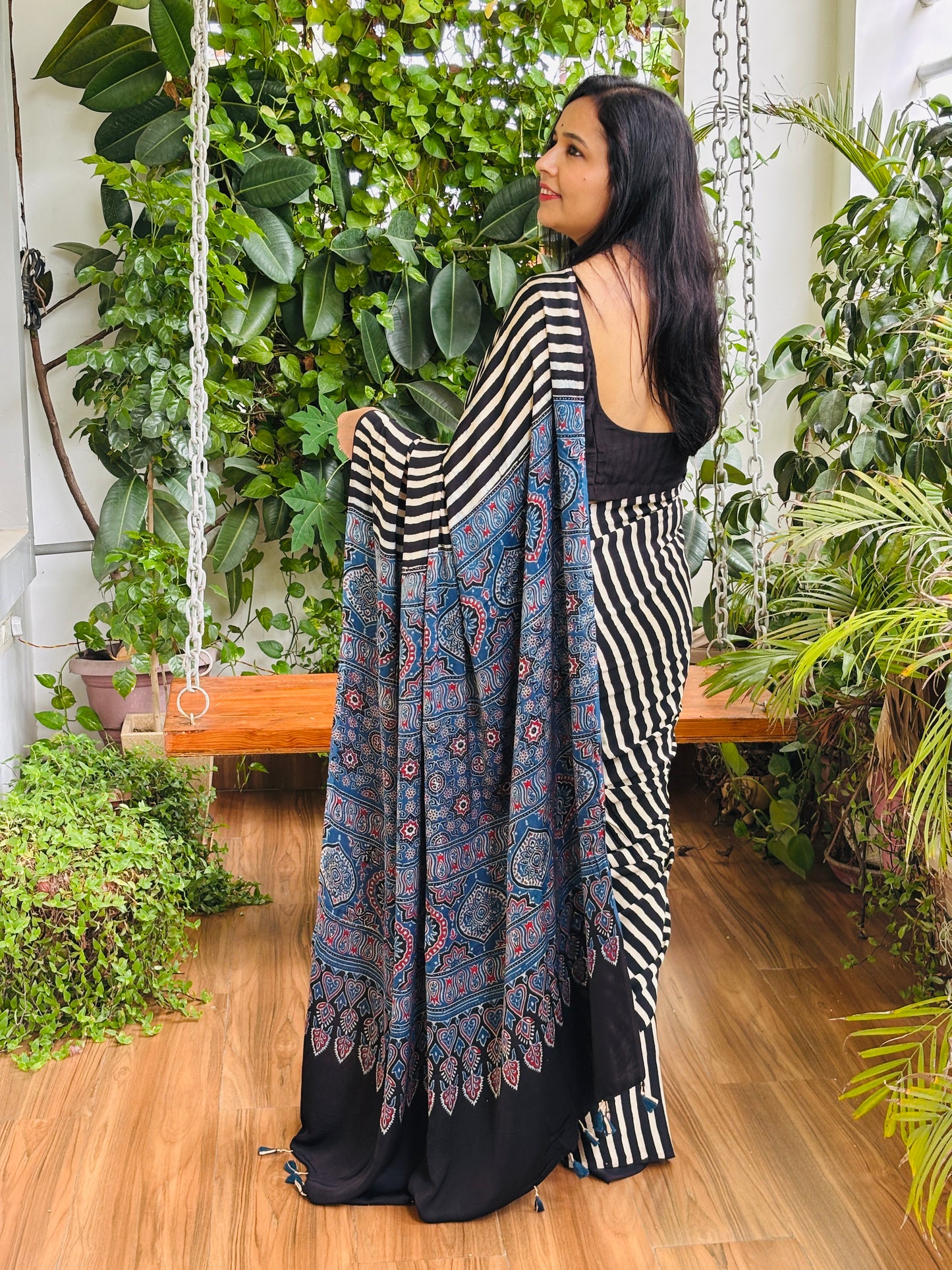 Chakori - Natural Dyed Black and Pale Ivory Stripe Ajrakh Pure Modal Saree With Traditional Motif Palla