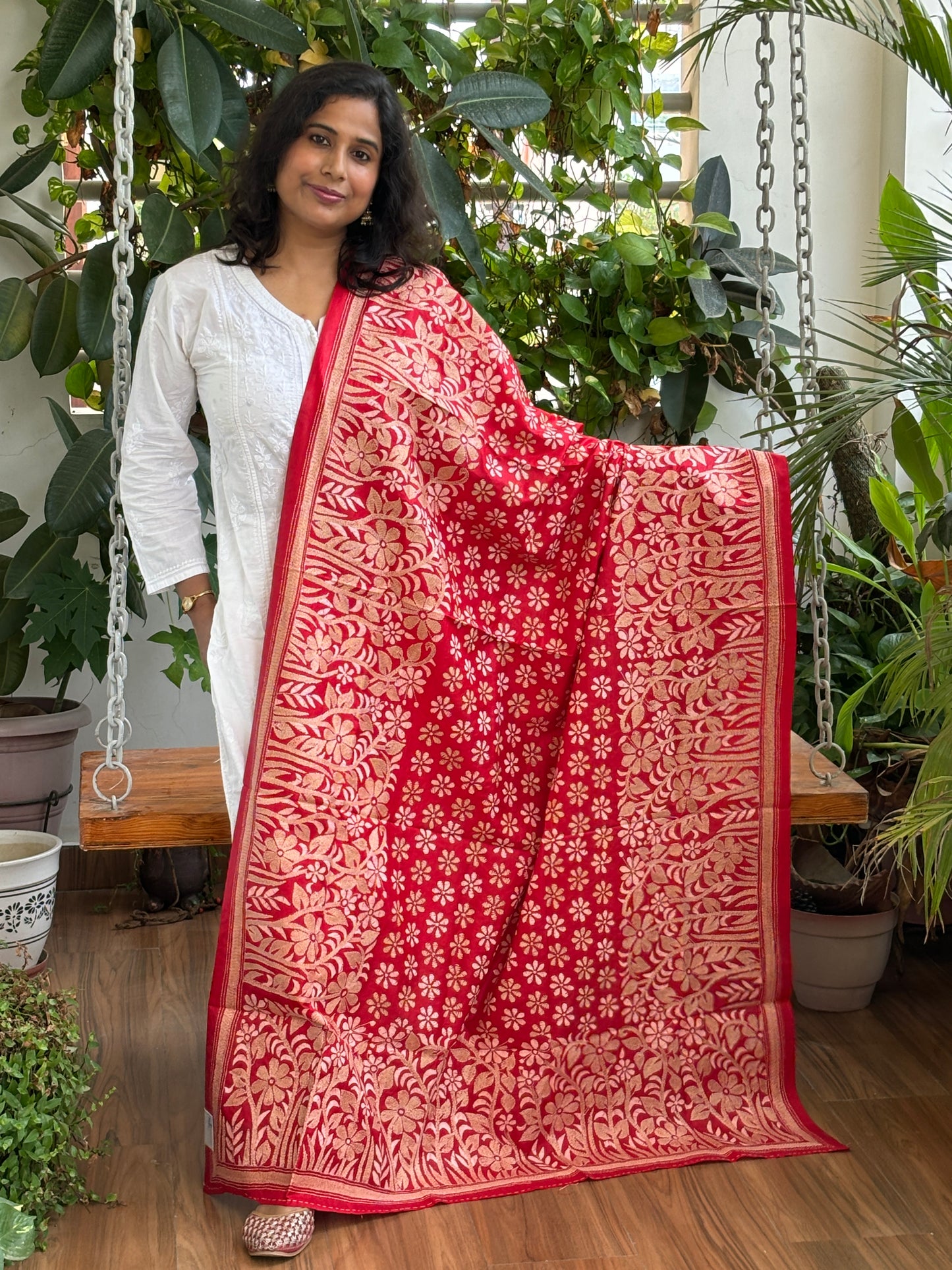 Red Colour Kantha Hand Embroidered Pure silk Dupatta