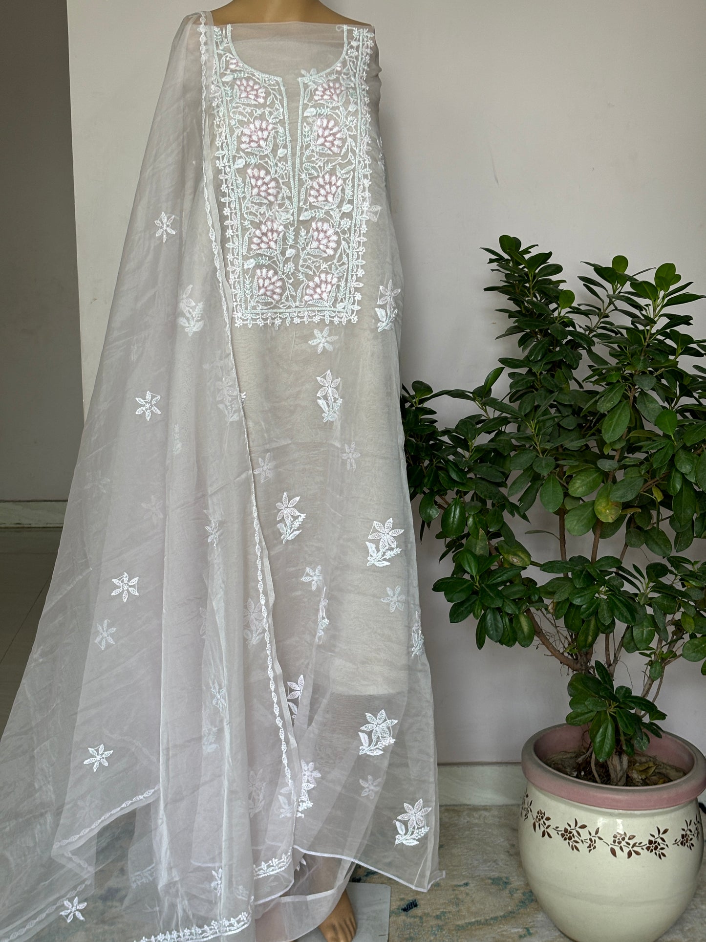 Off White Chikankari Hand Embroidered Shirt with Pearl and Cutdana Work on Organza Fabric