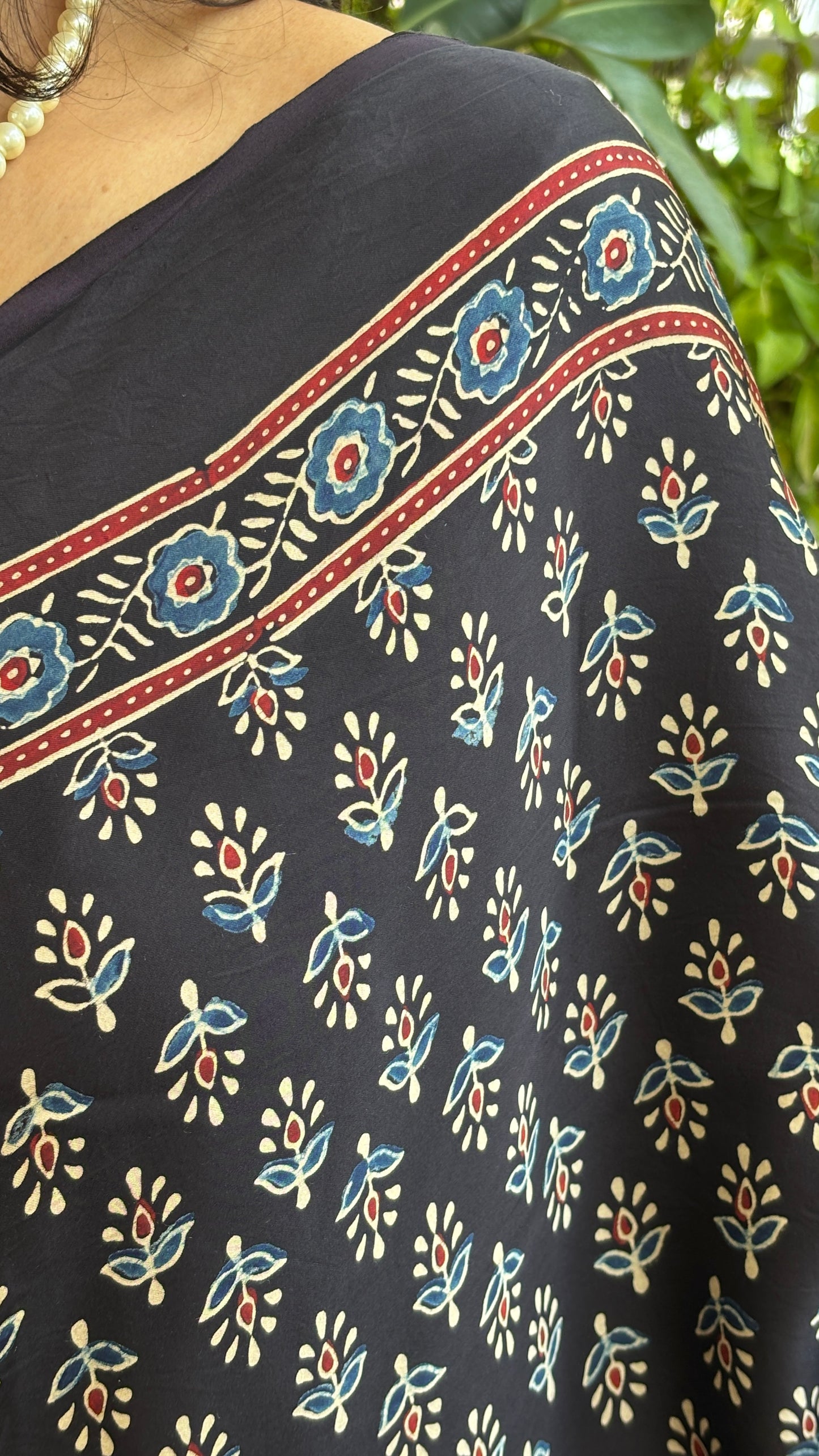 Awanti- Natural Dyed Black Colour Ajrakh Modal Saree with Small Floral Motifs