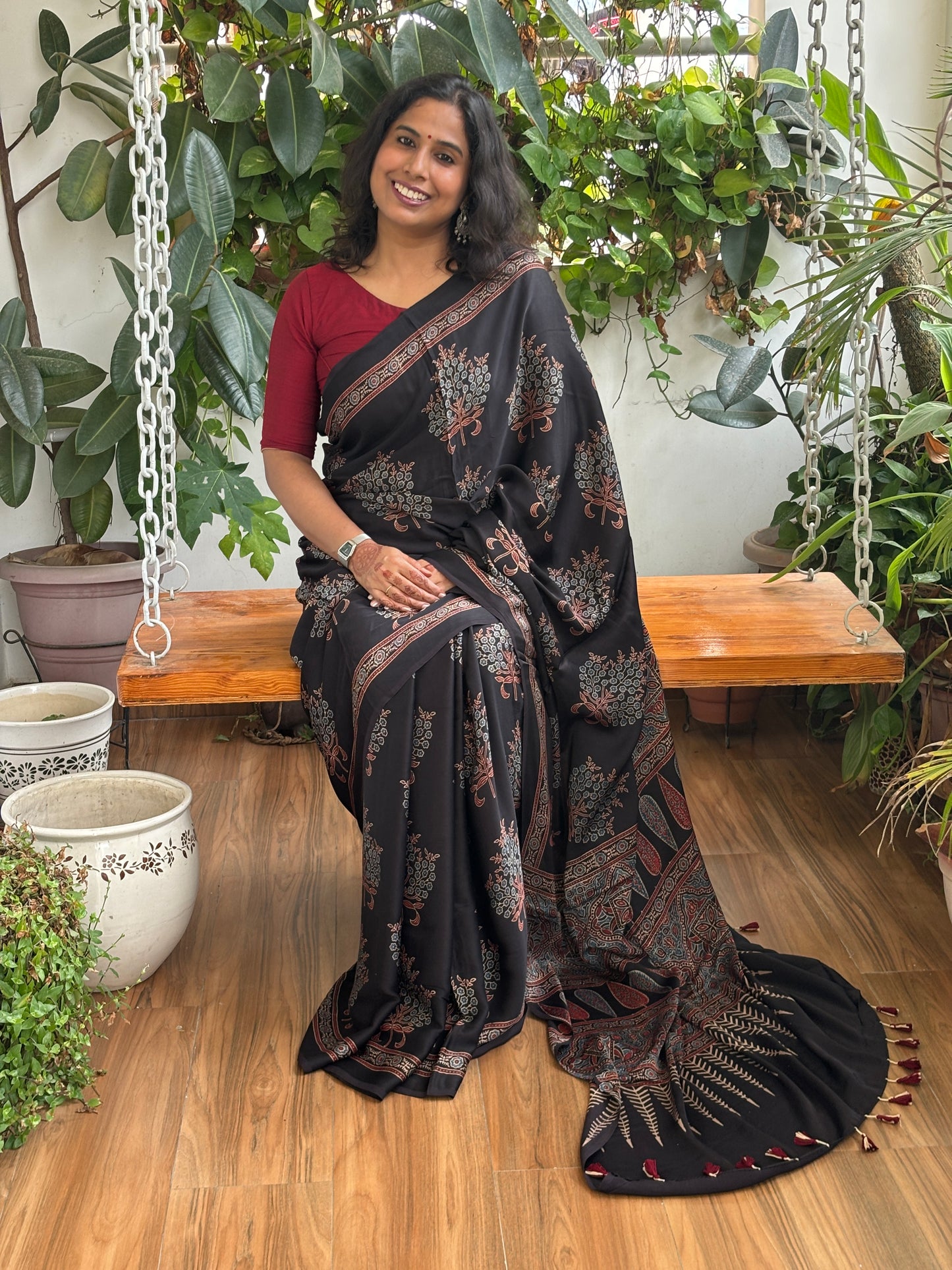 Vatika - Natural Dyed Black Colour Ajrakh Shrub Motif Modal Saree