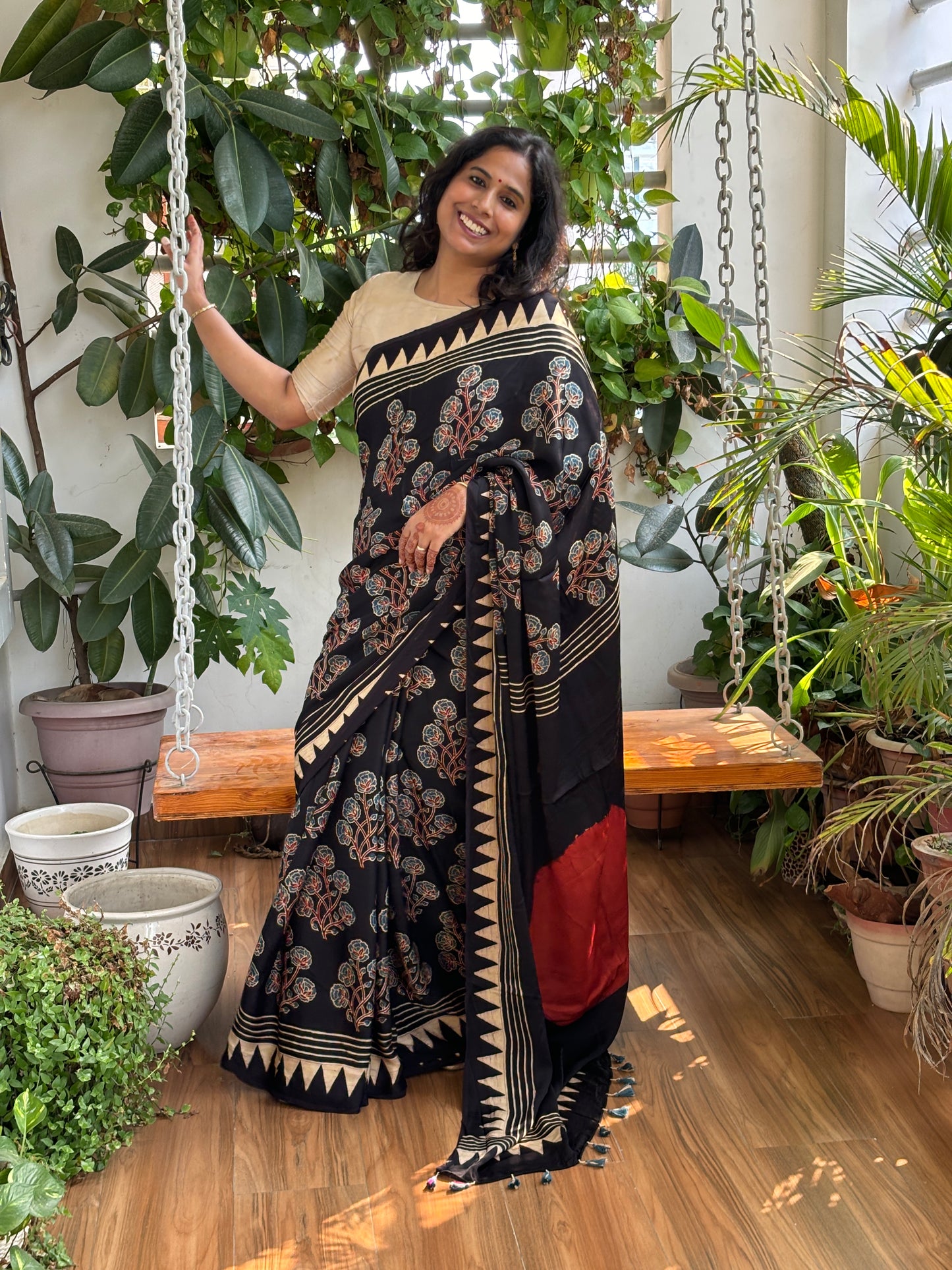 Blossom- Natural Dyed Black Floral Stalk Saree with Contemporary Anchal