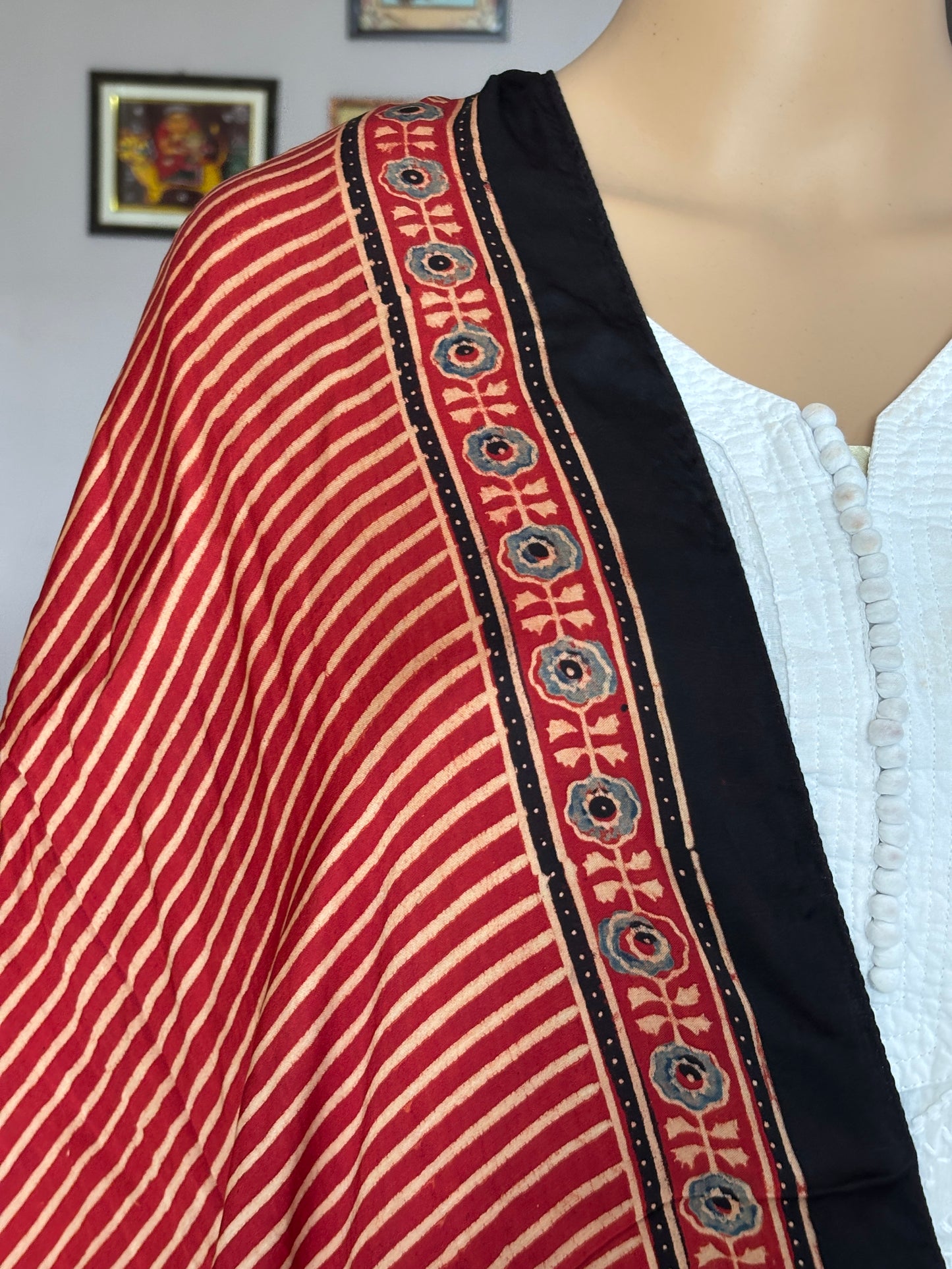Ajrakh modal stole, red stole, closer view.