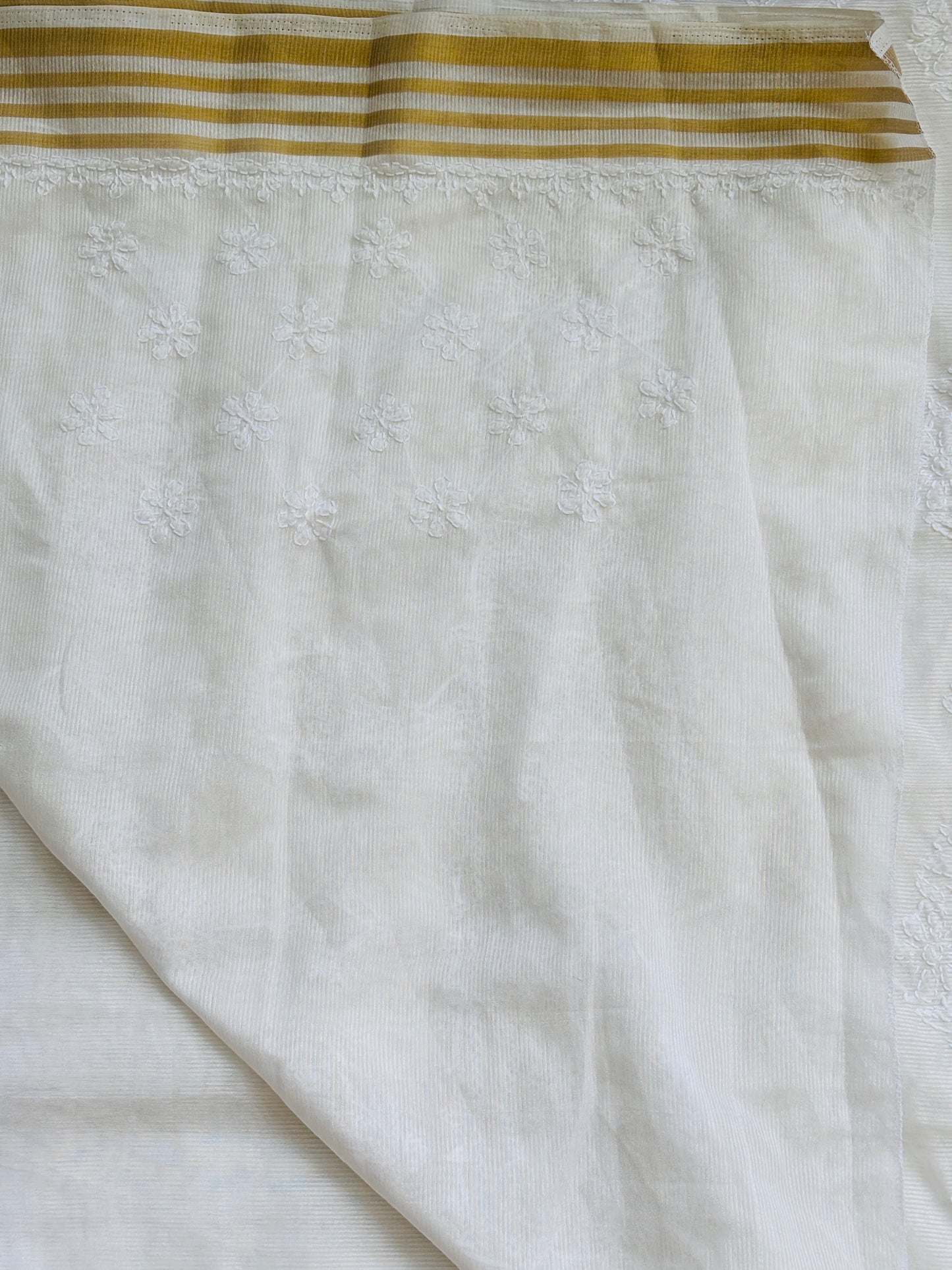 White Colour Candri Cotton Chikankari Hand Embroidered Saree