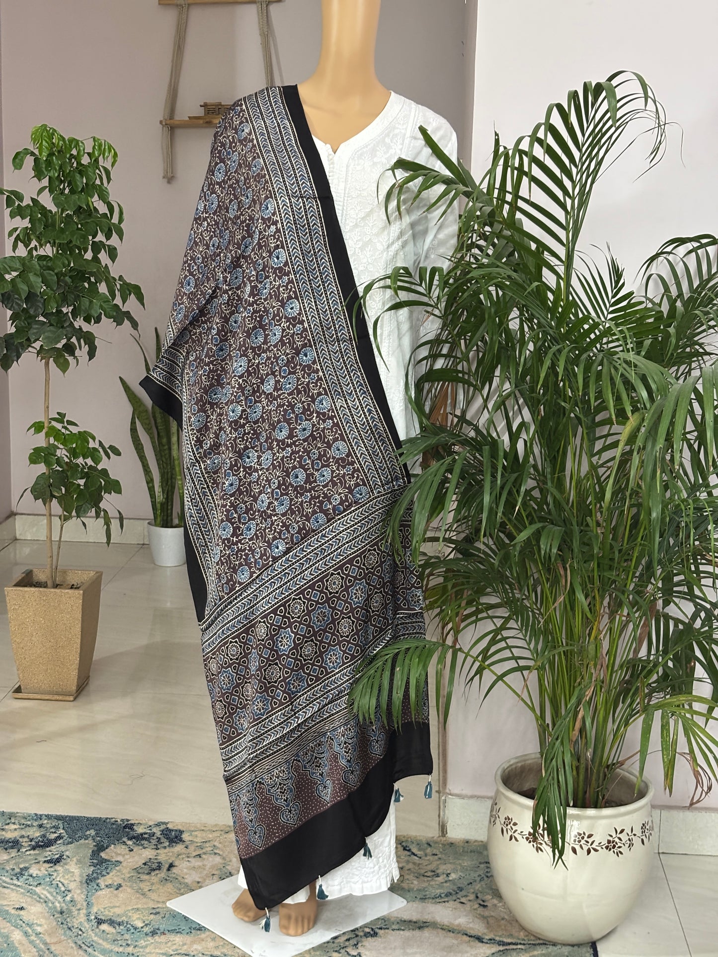Earthen Brown and Indigo Natural Dyed Ajrakh Floral Bel Motif Modal Stole