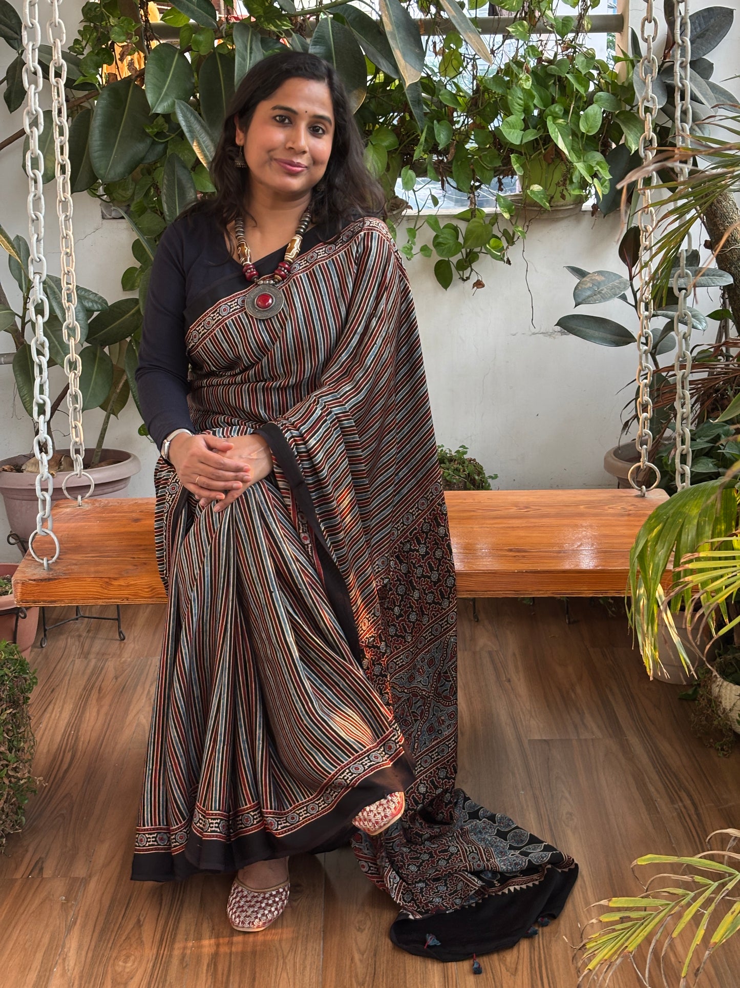 Life is Sorted - Natural Dyed Ajrakh Multi Colour Contemporary Stripe Motif Modal Saree