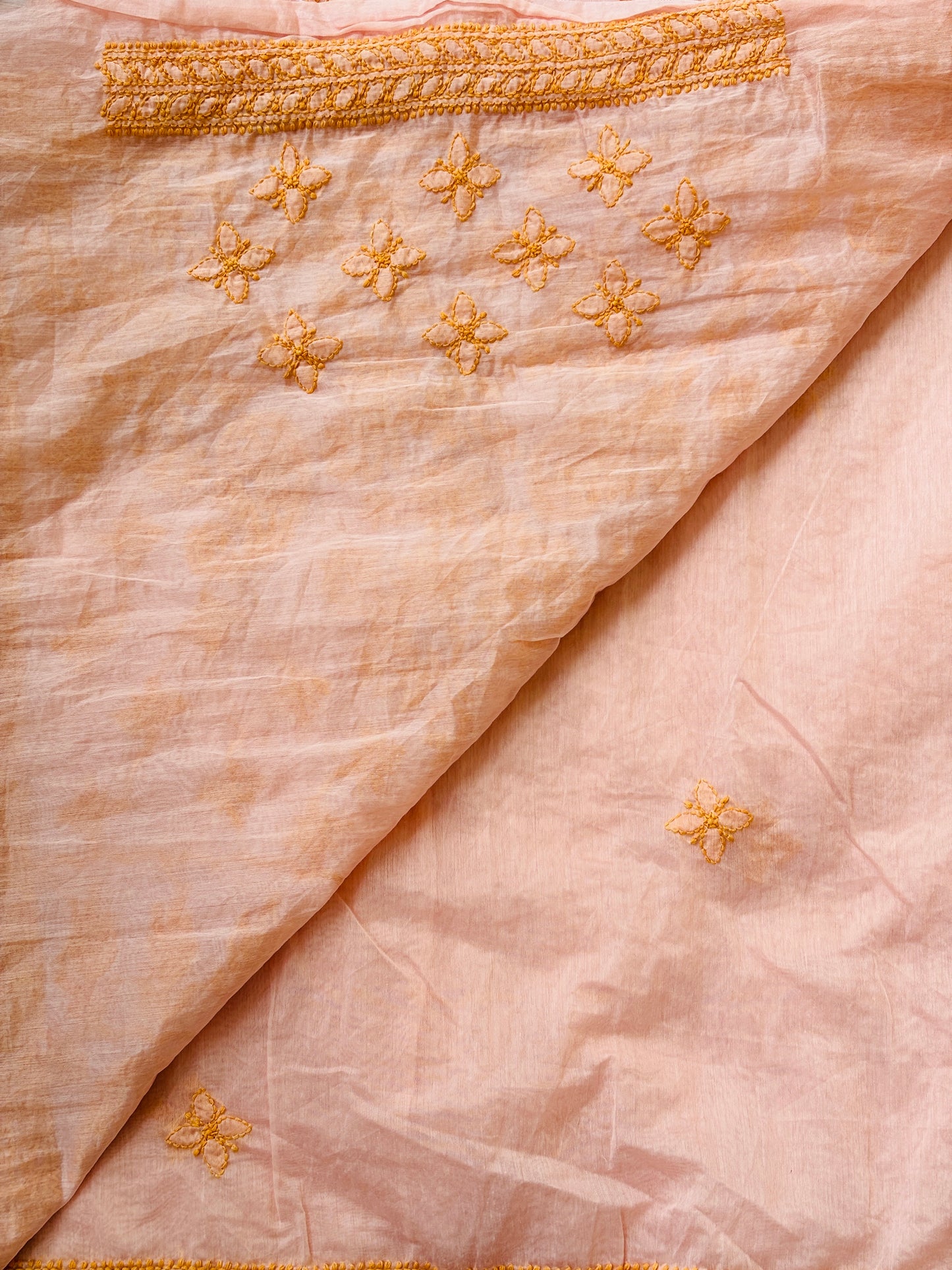 Peach Pink Colour Light Chrushed Candri Cotton Chikankari Hand Embroidered Saree