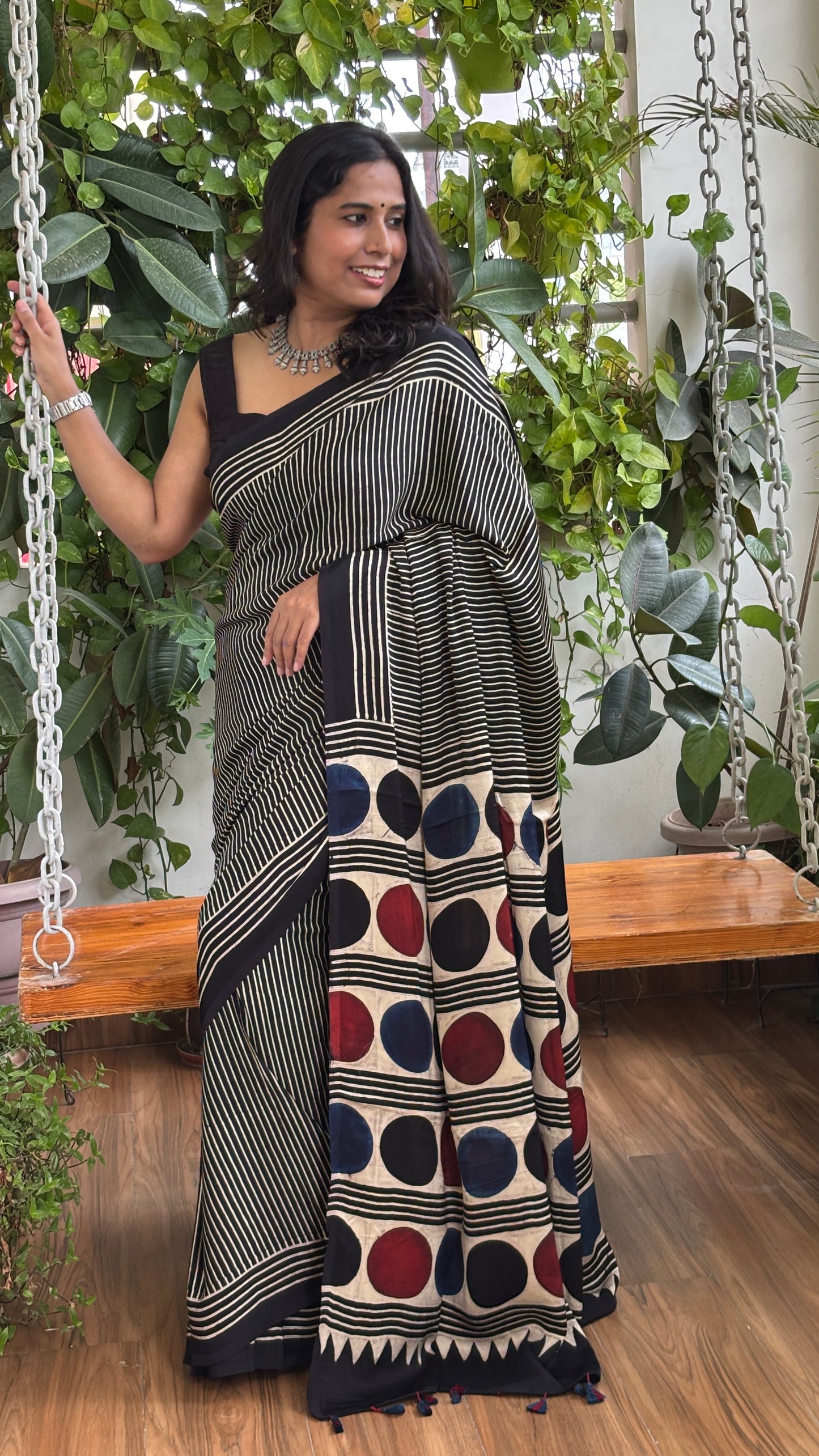 Bubbly - Natural Dyed Black and Pale Ivory Stripe Ajrakh Modal Saree with Contemporary Palla