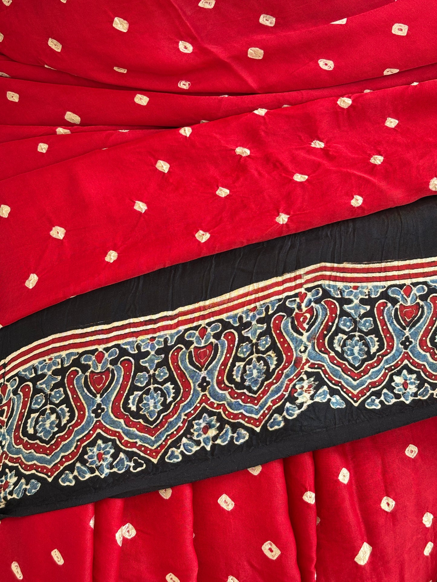 Laal Chadi - Hand Bandhej Body and Ajrakh Hand Block Anchal and Border Modal Gaji Silk Saree