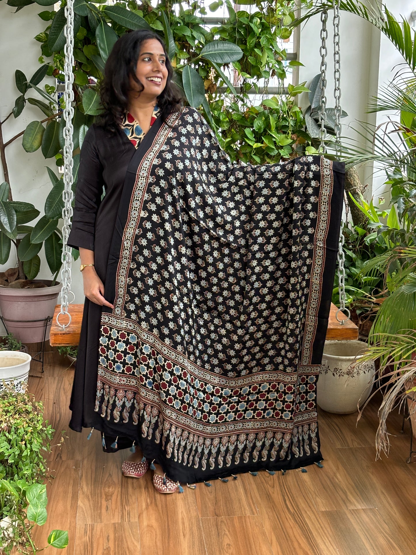 Ajrakh Black Natural Dyed Modal Dupatta with Small Indigo Floral Motif