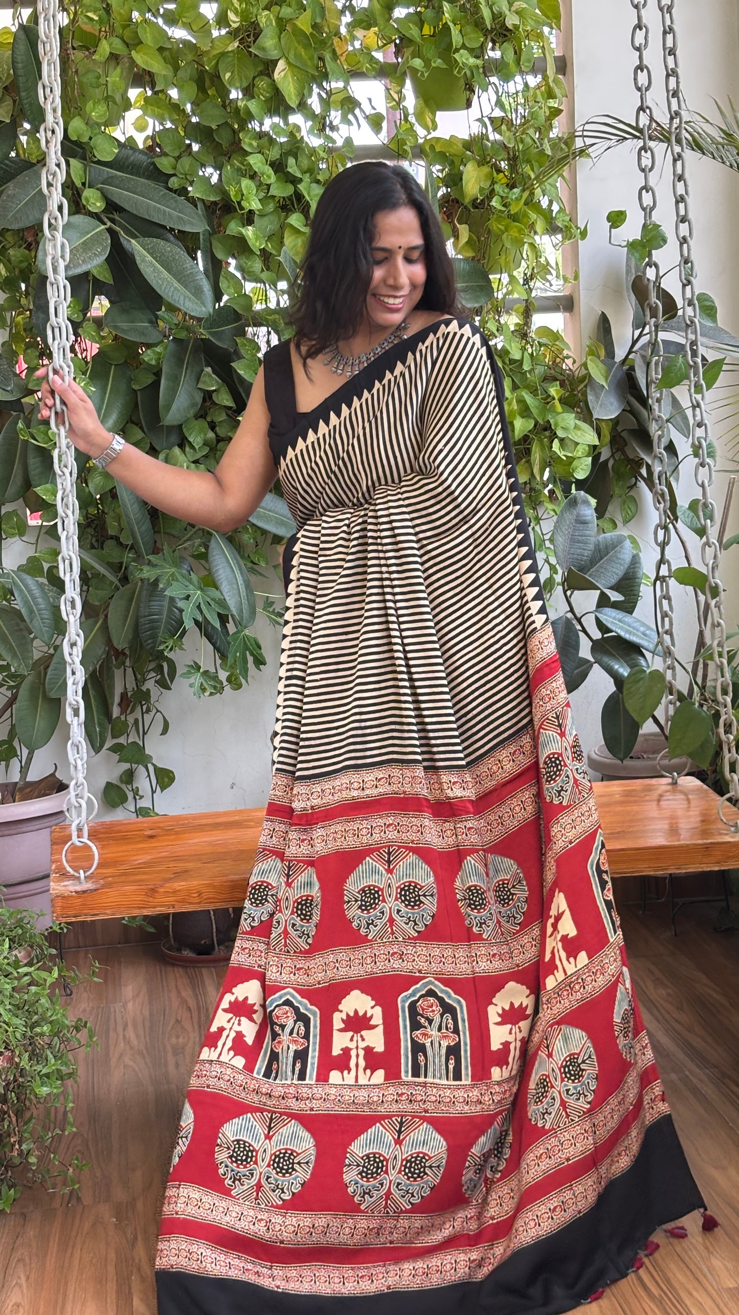 Astha - Natural Dyed Pale Ivory and Black Stripe Contemporary Saree with Contrast Palla