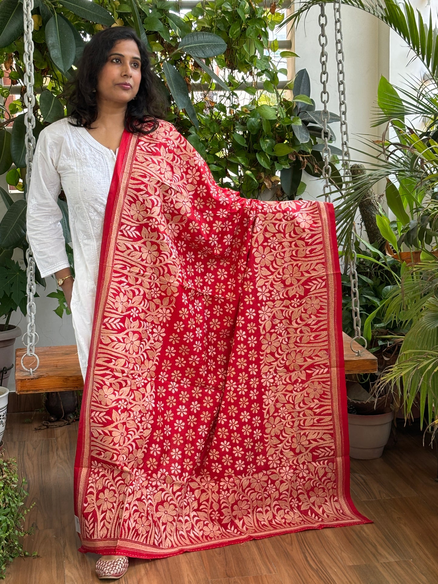 Red Colour Kantha Hand Embroidered Pure silk Dupatta